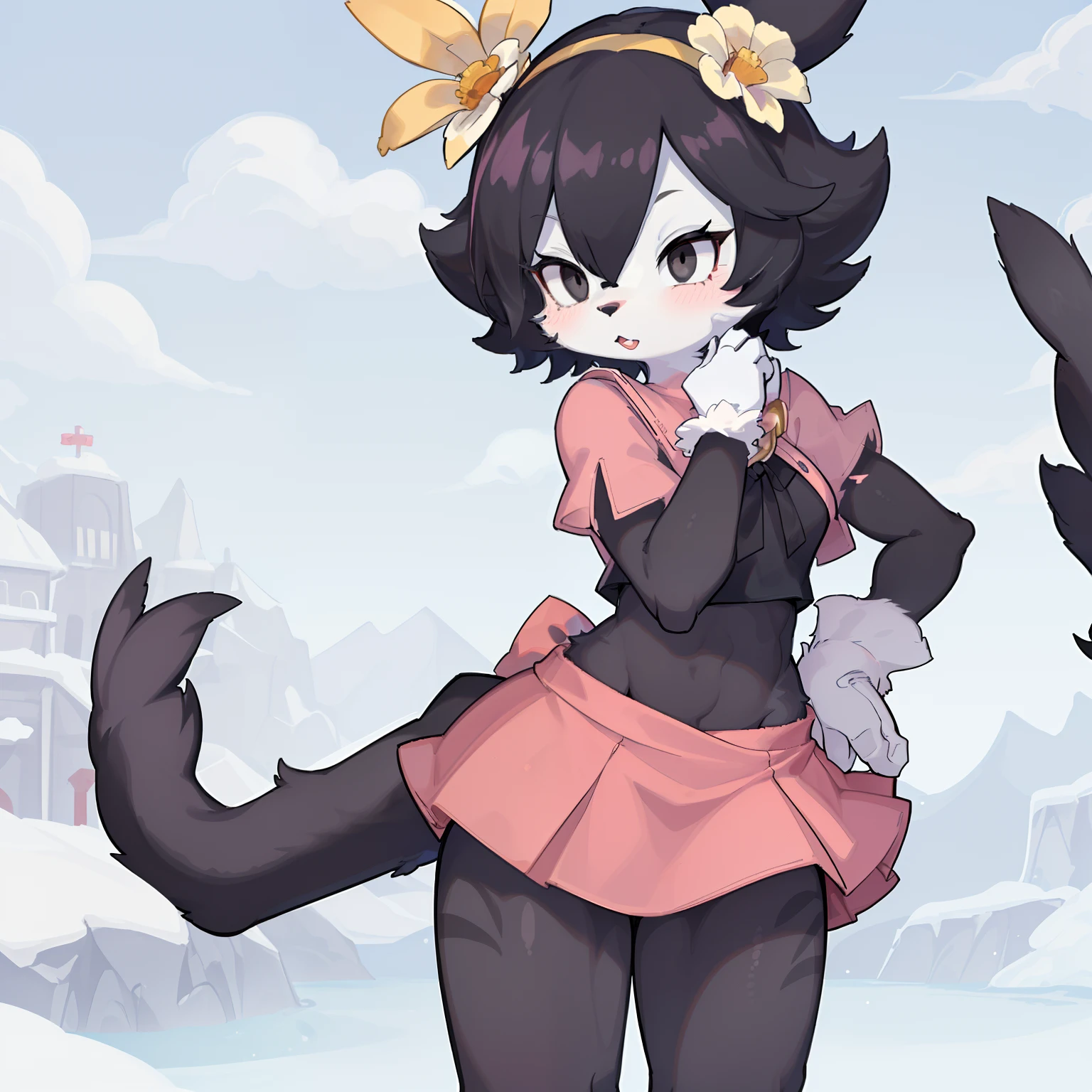 Dot Warner, 1girl, black sweater, pink skirt, furry, red nose, long ears, short hair, black hair, yellow flower, hair ornament, bangs, white gloves, body fur, long tail, black eyes, white feet, black and white fur, perfect anatomy, cartoon character