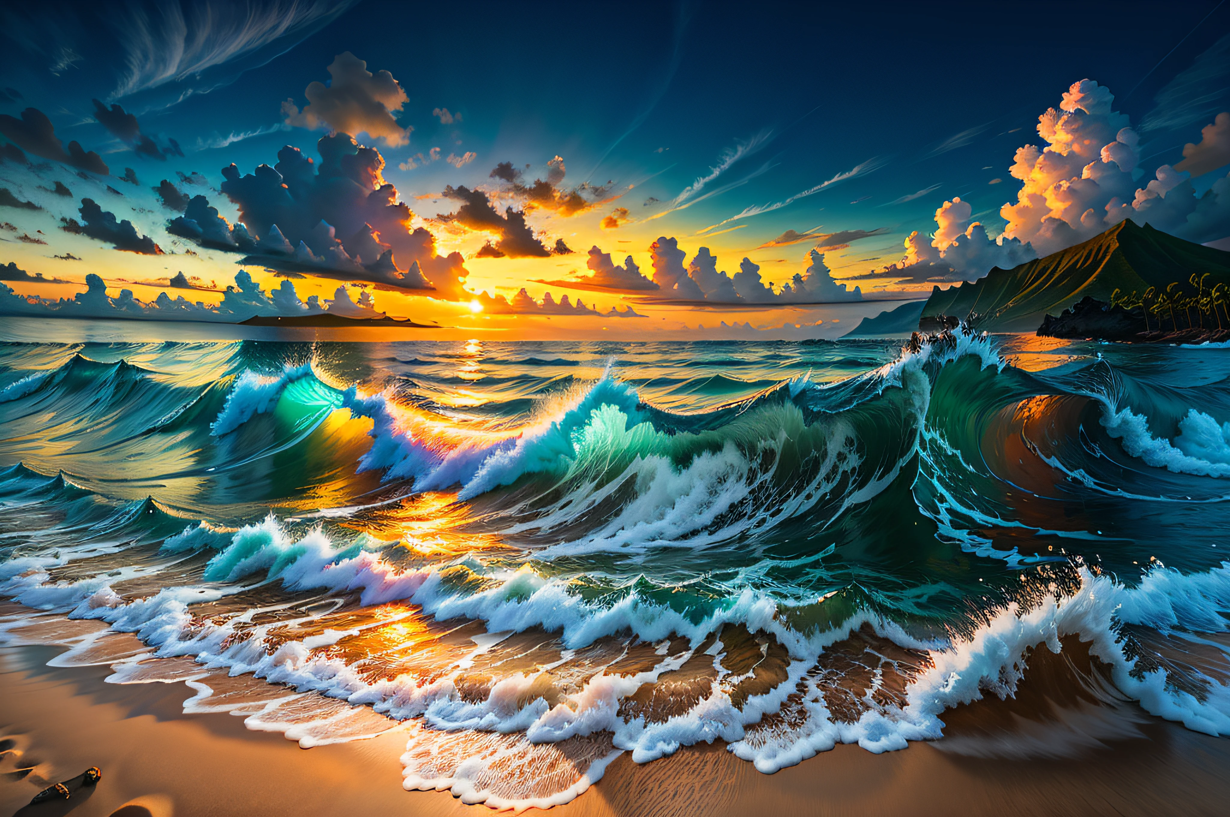 masterpiece、top-quality、Very Detailed Masterpiece、top-quality、hight resolution、8K、the beach、evening glow、the setting sun、vague、Magic Hour、hawaii