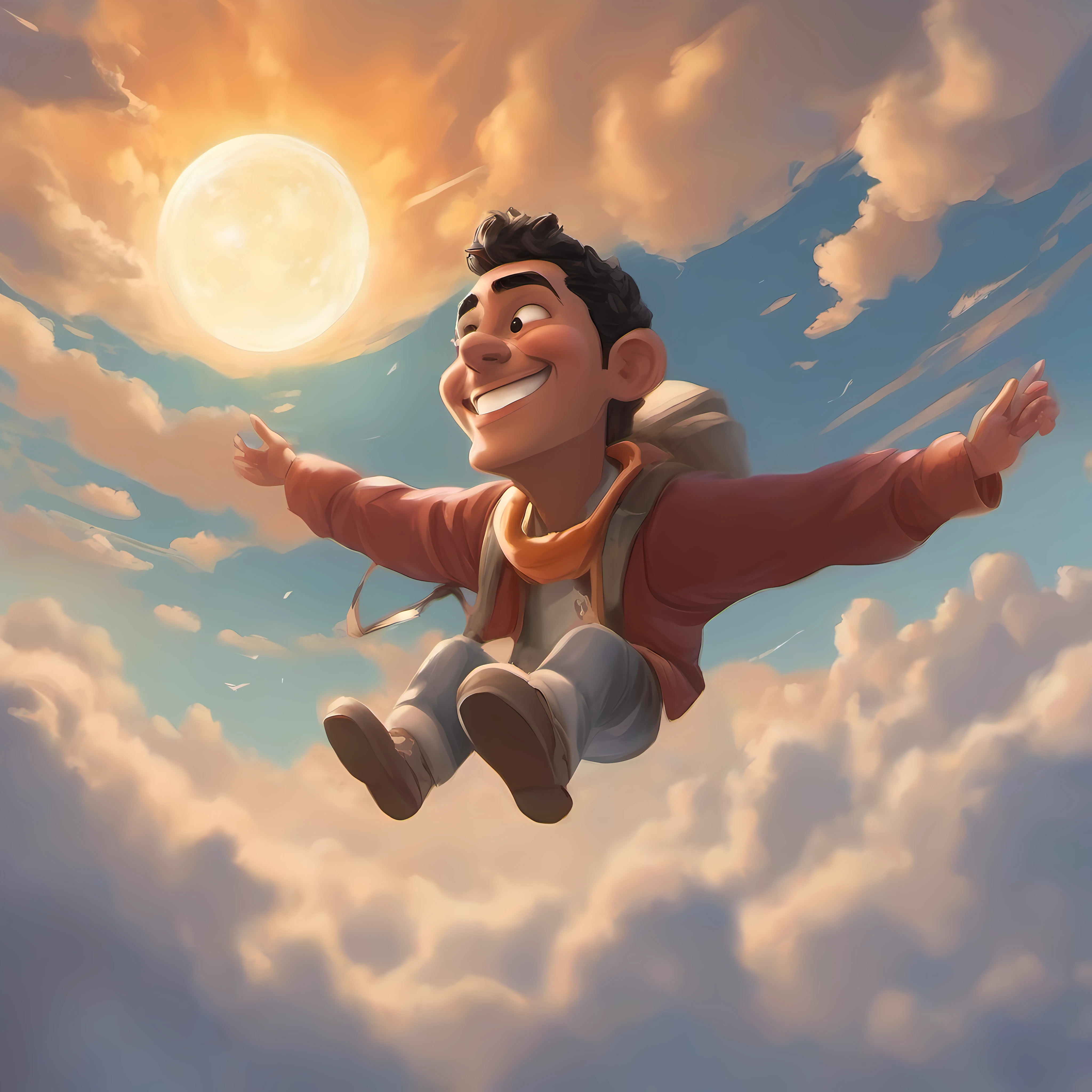 There's a cartoon of a man flying through the sky, arte conceitual de Milton Menasco, trend in cg society, arte conceitual, Smiling in the sky, nas nuvens, Retrato de um Deus Celestial, Deus da Natureza, Sr. Design de personagens Nimbus, desenho animado ainda, background is celestial, Fanart oficial, nas nuvens, Fanart, nas nuvens, RHADS!!!