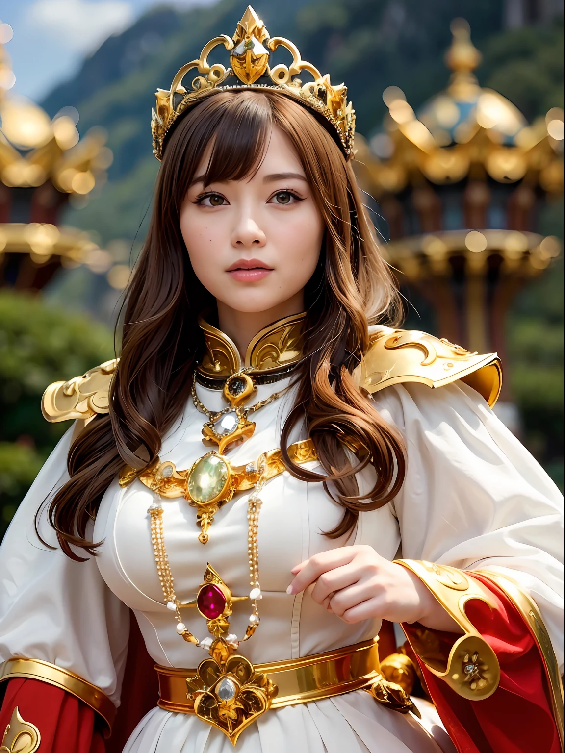 Professional , ​masterpiece、top-quality、photos realistic , depth of fields （Gemstone Silver Metal Body:1.９),(Matte yellow、Jewel Gold Weapon、（Gorgeous castle background）、（Jewel Metal Body:1.４),（Gorgeous Jewel Metal Weapons） , （Detailed Sword of the Brave） ,（ ）   ,warhammer 40k , adepta sororitas,Detail and ornate jewel crown、Brown hair、（Gangle's forest background）、１a person、dynamic ungle,(((Diamond tiara with detail and luxury)))、a small face、A smile、Powerful poses、（Gorgeous castle background）、huge filesize、20 year old beautiful woman、Stand in the center of the screen、Thin female fingers、Straight long hair、Beautiful Caucasian beauty、Mystical expression、Lightly open your mouth、,Luminescent particles,light scattering,Tindall Effect