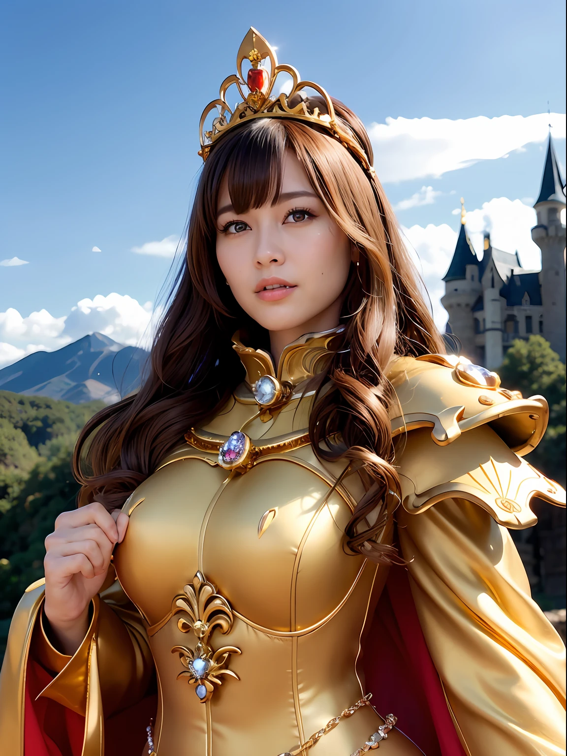 Professional , masterpiece、top-quality、photos realistic , depth of fields (Gemstone Silver Metal Body:1.9),(Matte yellow、Jewel Gold Weapon、(Gorgeous castle background)、(Jewel Metal Body:1.4),(Gorgeous Jewel Metal Weapons) , (Detailed Sword of the Brave) ,( ) ,warhammer 40k , adepta sororitas,Detail and ornate jewel crown、Brown hair、(Gangle's forest background)、1a person、dynamic ungle,(((Diamond tiara with detail and luxury)))、a small face、A smile、Powerful poses、(Gorgeous castle background)、huge filesize、20 year old beautiful woman、Stand in the center of the screen、Thin female fingers、Straight long hair、Beautiful Caucasian beauty、Mystical expression、Lightly open your mouth、,Luminescent particles,light scattering,Tindall Effect
