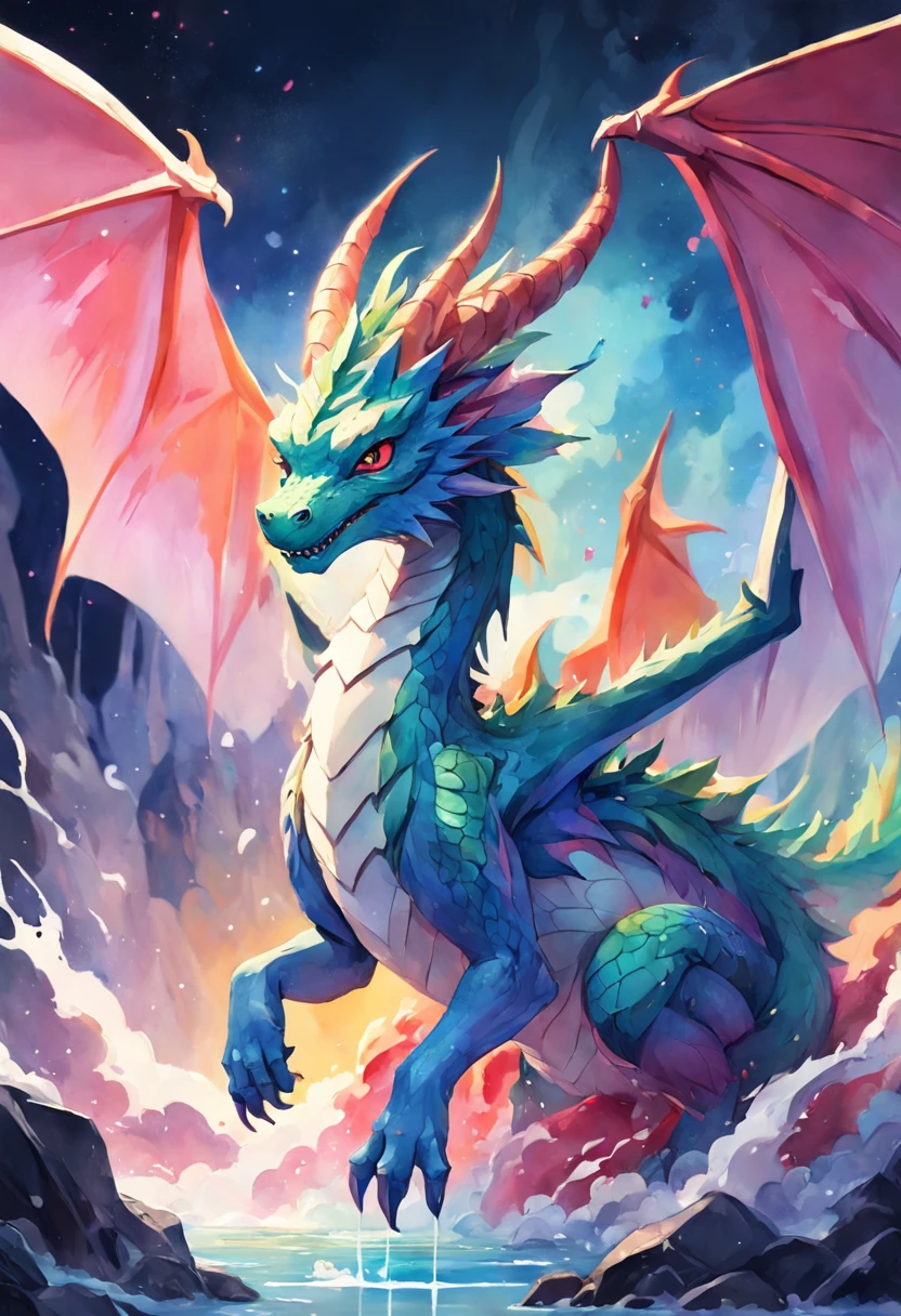 3d watercolor abstract,white background, high resolution, high quality,colorful,fit in the frame,cute dragon,