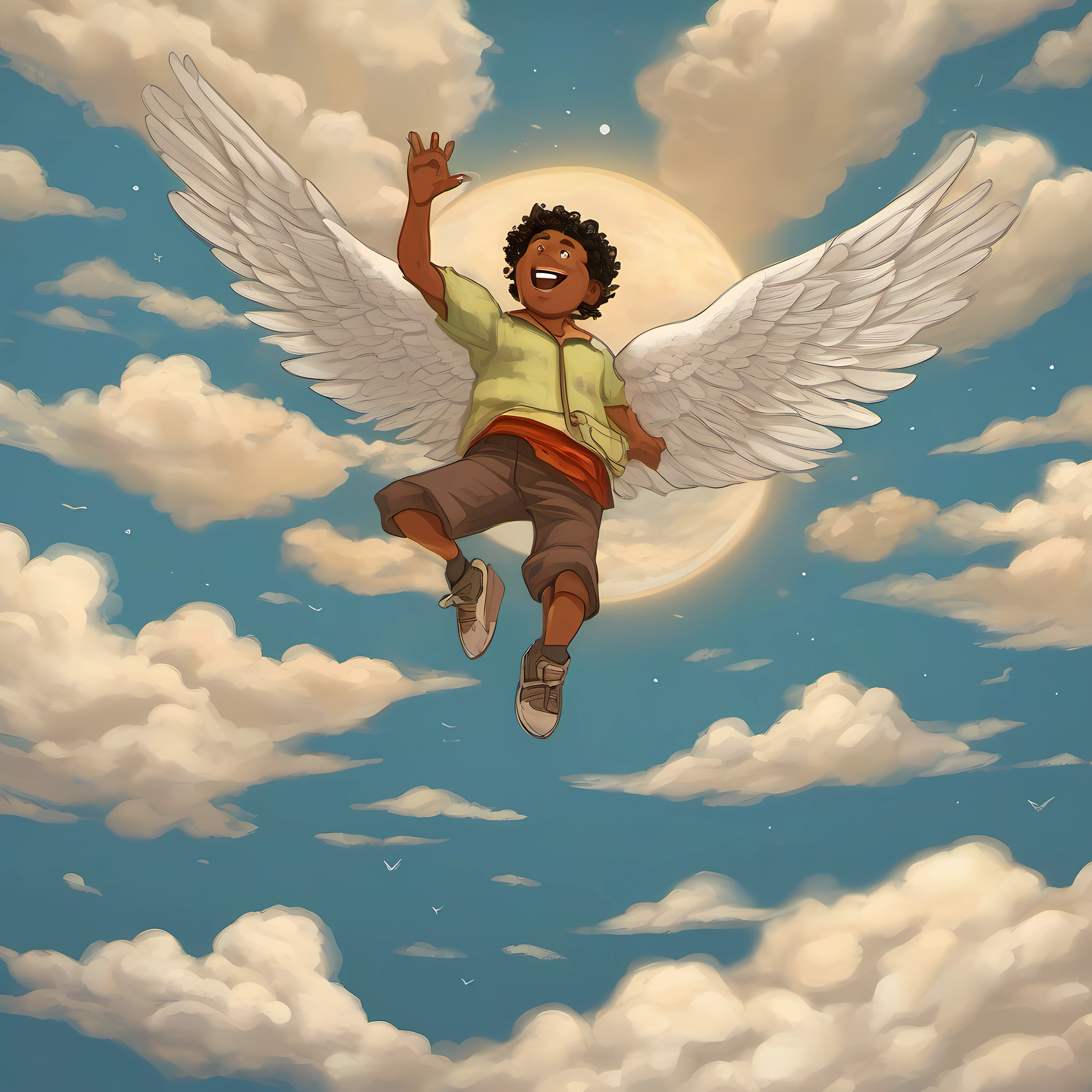 There's a cartoon of a man flying through the sky, arte conceitual de Milton Menasco, trend in cg society, arte conceitual, Smiling in the sky, nas nuvens, Retrato de um Deus Celestial, Deus da Natureza, Sr. Design de personagens Nimbus, desenho animado ainda, background is celestial, Fanart oficial, nas nuvens, Fanart, nas nuvens, RHADS!!!