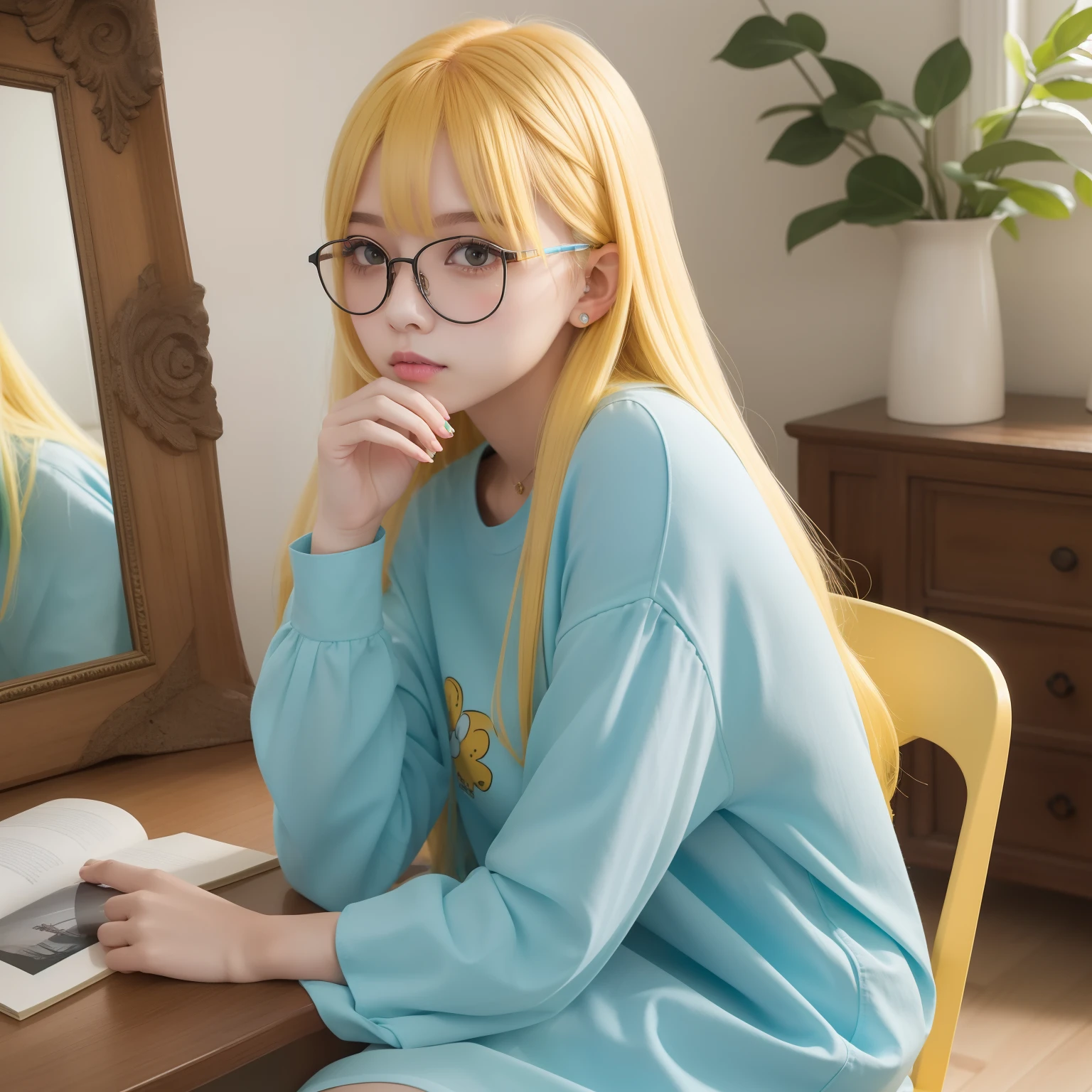 Long light yellowish blue hair,Plain yellow-blue matching clothes,There are green and reddish brown ornaments as embellishments,With black-framed glasses,She is a cute intellectual beautiful girl