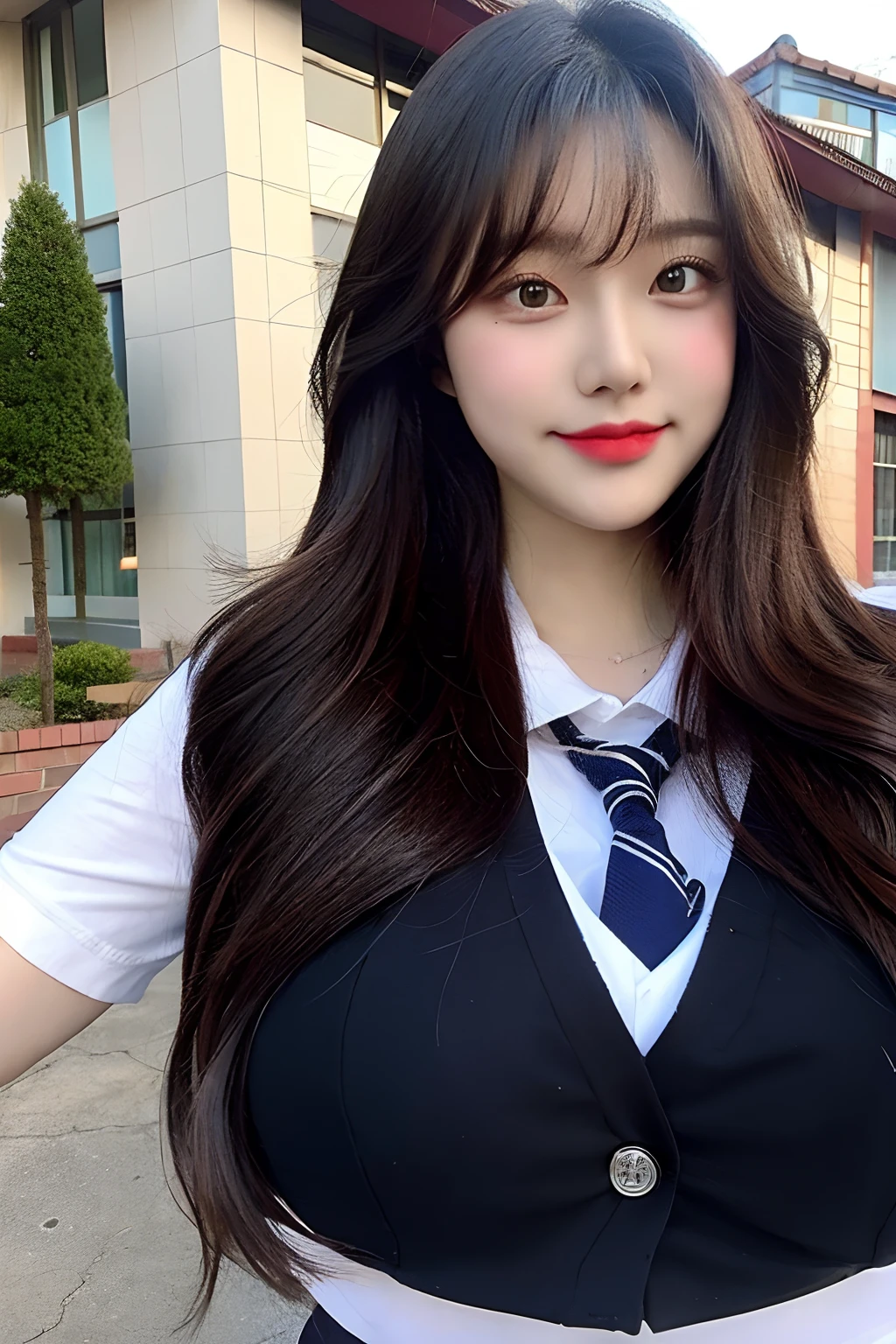 (Pretty Korean girl),((voluptuous)),((Super Huge boobs:1.2)),(School uniform)