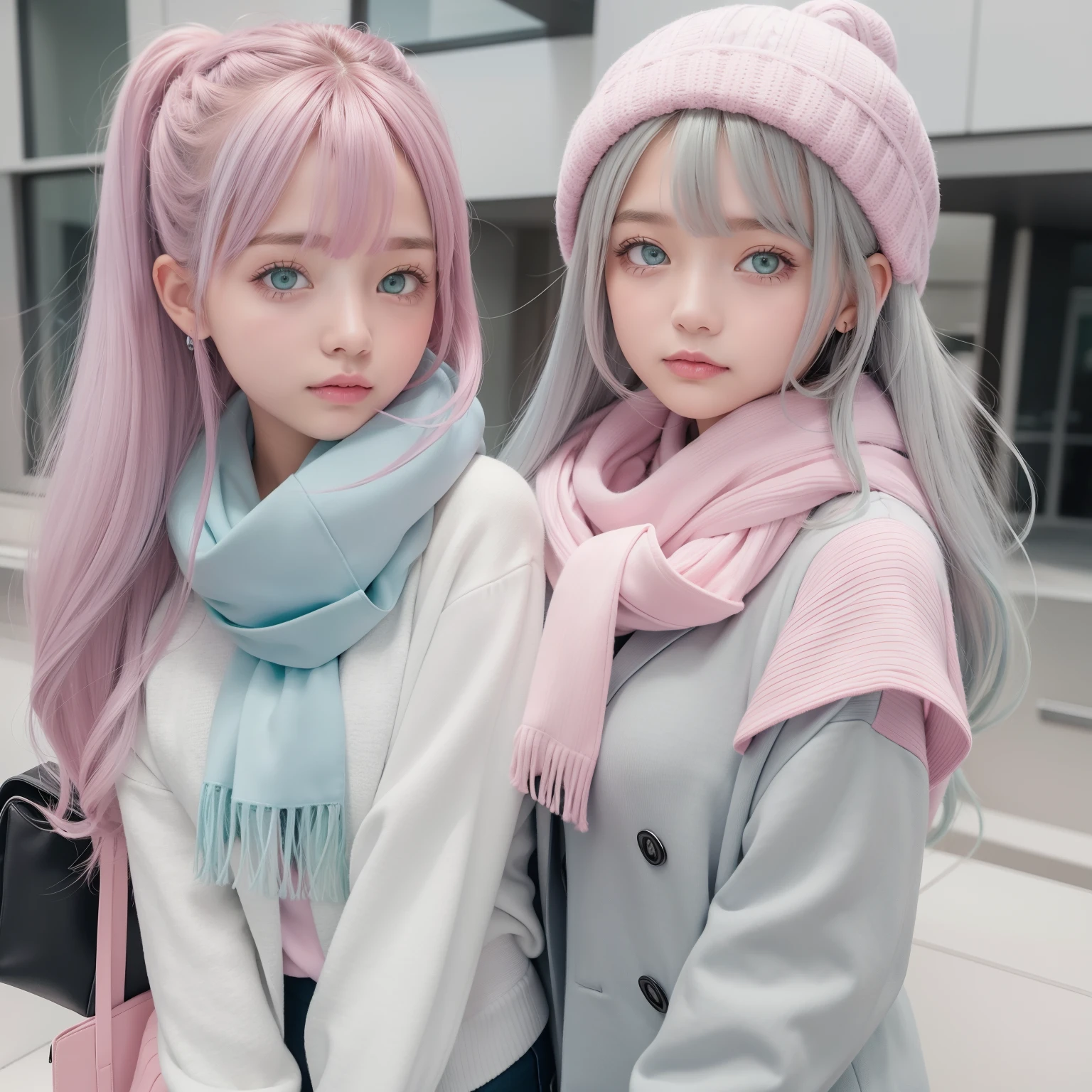 Gray-pink bangs，Bluish green pupils，Wear a silver and white jacket and a pink sweater，With a blue scarf，It's a cute girl