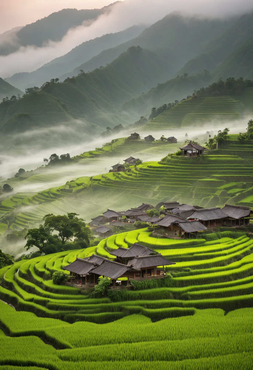 Large expanses of terraced fields, mountains, huts, with rice fields, rice fields, neat rice seedlings in the fields, misty rain, villages, agriculture, in the tranquil landscape, misty weather, in the vast tranquil landscape, in the early morning, in the morning mist, behind a small village, mist, Japanese countryside, thatched roofs --v 6