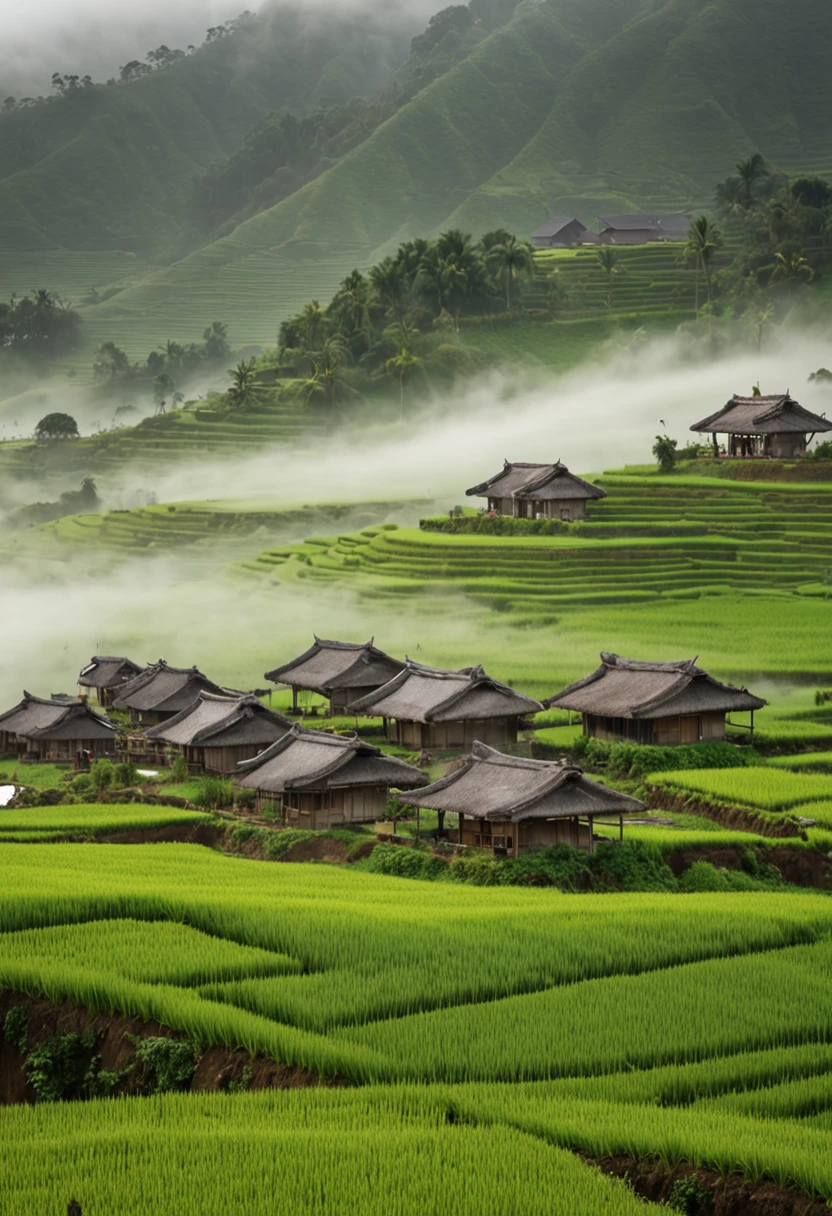 Large expanses of terraced fields, mountains, huts, with rice fields, rice fields, neat rice seedlings in the fields, misty rain, villages, agriculture, in the tranquil landscape, misty weather, in the vast tranquil landscape, in the early morning, in the morning mist, behind a small village, mist, Japanese countryside, thatched roofs --v 6