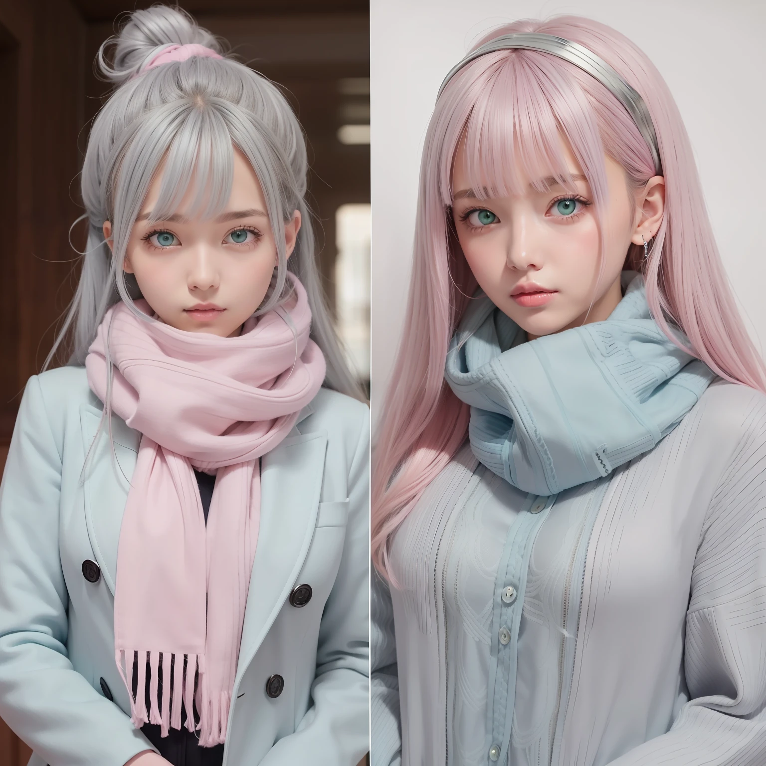 Gray-pink bangs,Bluish green pupils,Wear a silver and white jacket and a pink sweater,With a blue scarf,It's a cute girl