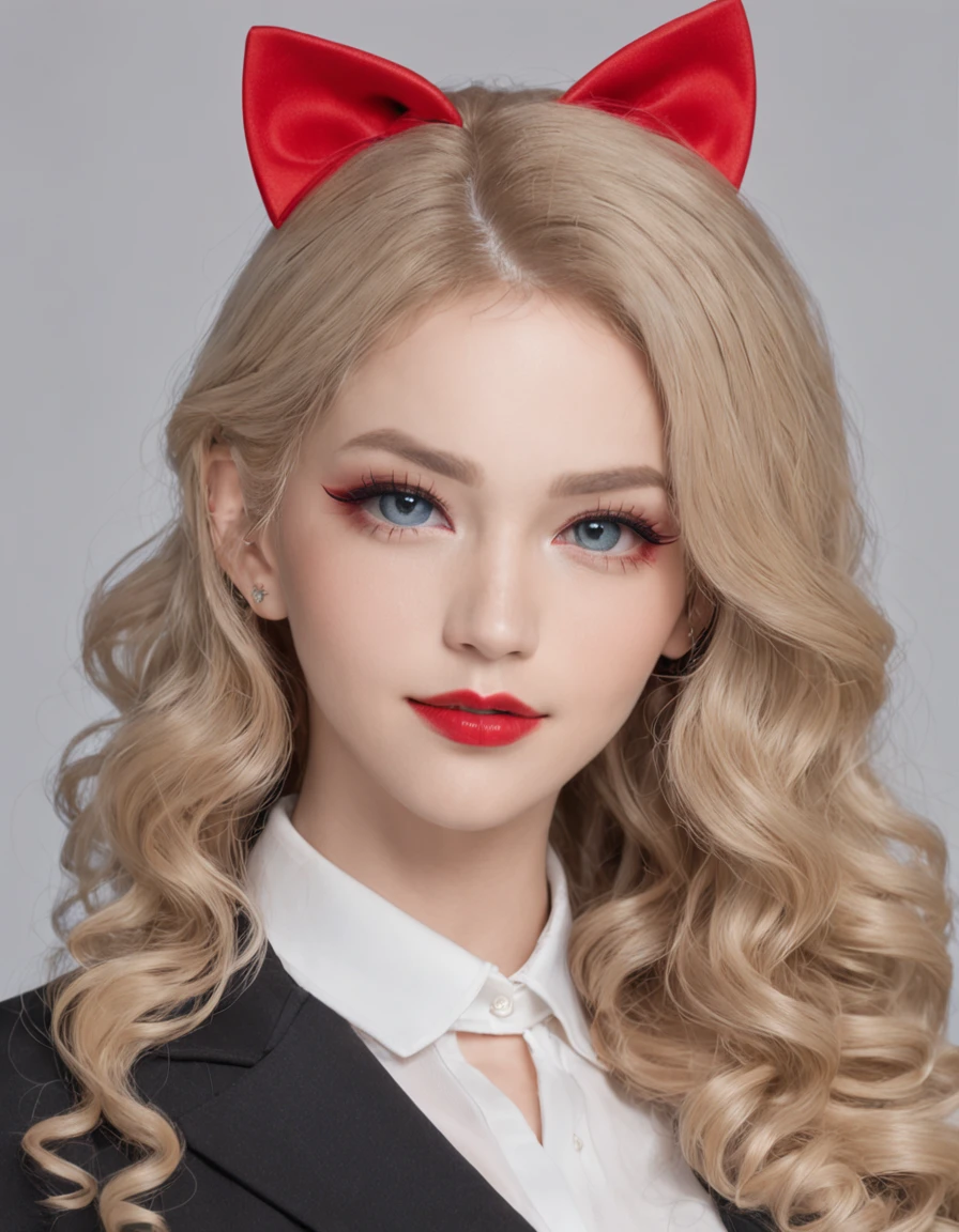 Best quality, Masterpiece, Perfect Face 1.2),Office professional attire, long leges, , Stockings, red-tinted glasses, Cat ears, Super American European American girl, , Red lips, Curly blue eyes sideways,largeeyes,Blonde and long curly hair, seduction, Smile,