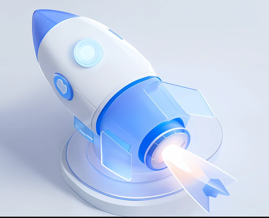 3d icon,Rocket model, Frosted glass, 3D rendering of, C4D, Clean style, less detailing, White, Blue, Industrial interior lighting, White background, Master quality