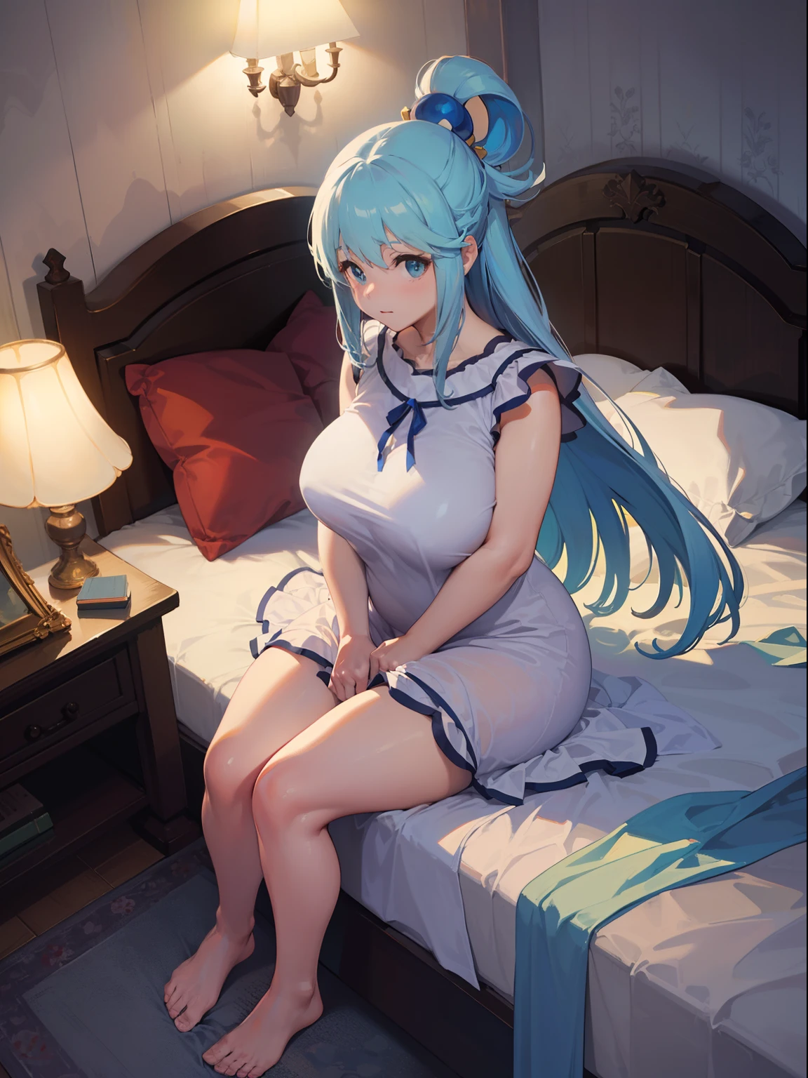 artistic photograph, Real light and shadow on a sunny day,autumnal,bed room,red bed,((silk nightdress)),1 beautiful girl，Overhead shot,Mid shot, full body,(((Long light blue hair))),blue eyes,(long hair),（Red petal），chubby curvy body, large breast, aqua , konosuba, transparent clothes, looking at viewer