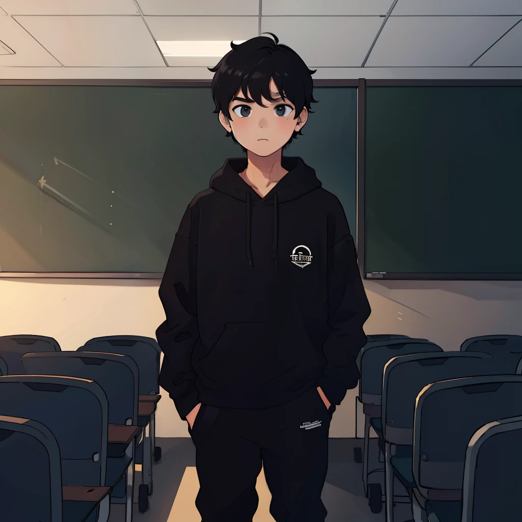 best qualityer,One was wearing a black sweatshirt,Boy with short black hair,face expressionless,standing on your feet,in class room