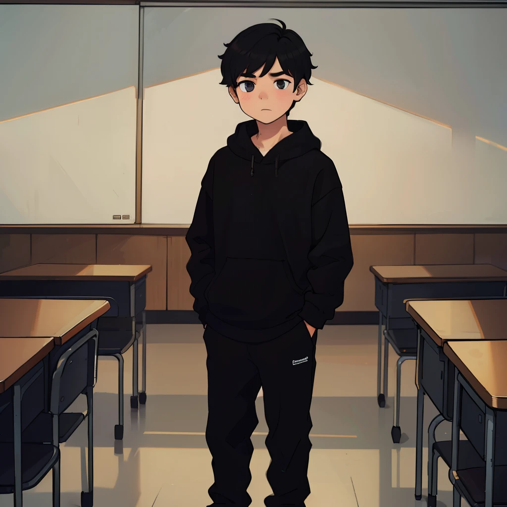best qualityer,One was wearing a black sweatshirt,Boy with short black hair,face expressionless,standing on your feet,in class room