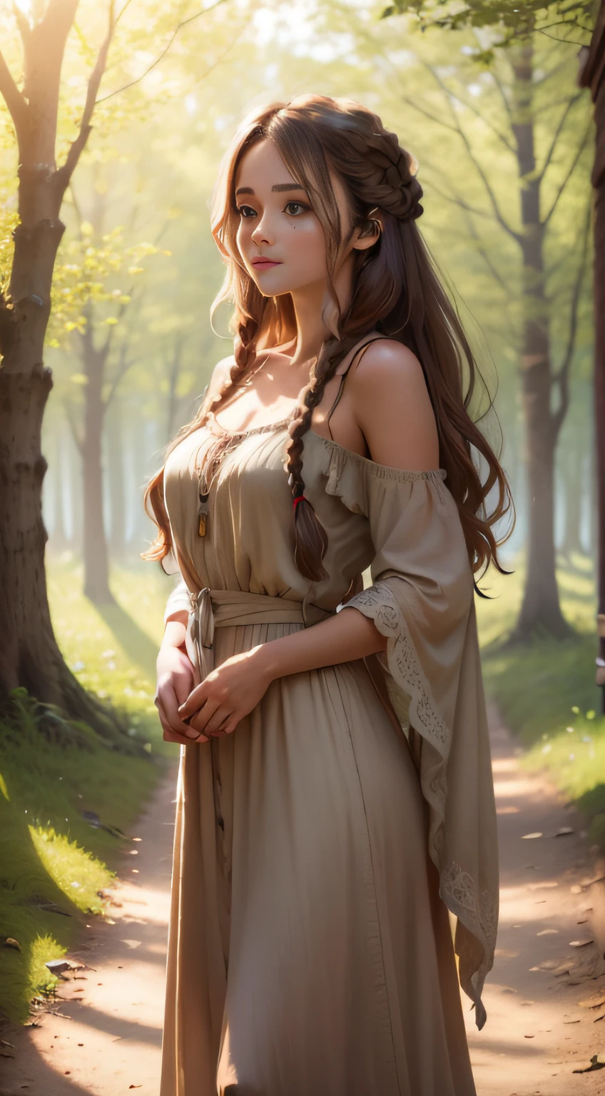 half body of a beautiful girl wearing boho maxi dress, Messy bohemian braids hair, Soft sunlight filtering through trees,Rustic meadow background, 8k, masterpiece, best quality, high resolution, ultra details