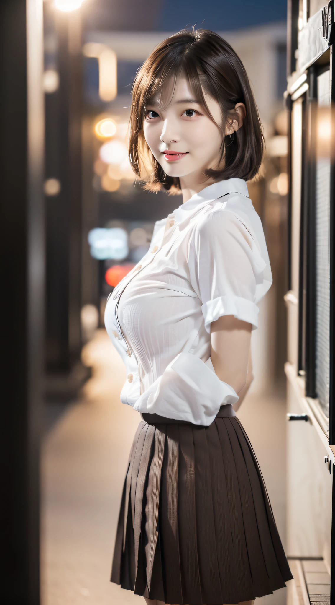 (((((Mai Shiraishi, white shirt, black pleats skirt, cowboy shot, from side, dark brown very short hair, gigantic breasts, arms behind back, standing))))((masterpiece, best quality, highly detailed, absurdres, RAW photo, ultra high resolution)))), highly detailed face and skin texture, detailed eyes, clear focus, an asian young and beautiful girl, white skin, real human skin, oval face, pores, gentle and goddess-like eyes, lip gloss, eyelashes, gloss face, wide lighting, natural shading, small waist, slender body, slight smile, clear features, beautiful face, double eyelids, sagging eyes, night cityscape