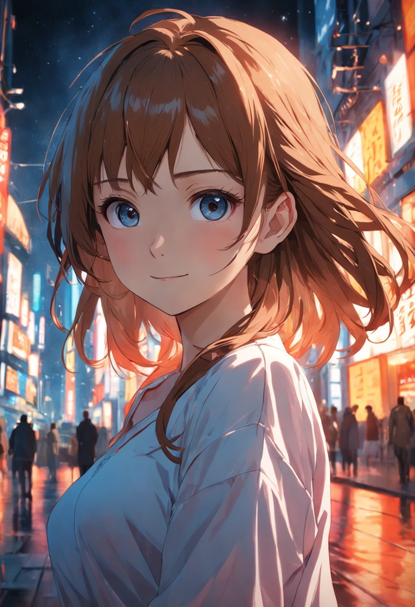 (8k, RAW photo, best quality, masterpiece:1.2), (realistic, photo-realistic:1.37), ultra-detailed, ultra high res,1 girl,looking at viewer,beautiful detailed face,smile,narrow,(slim waist:1.3),shirt, beautiful detailed skin, skin texture, floating hair,professional lighting,