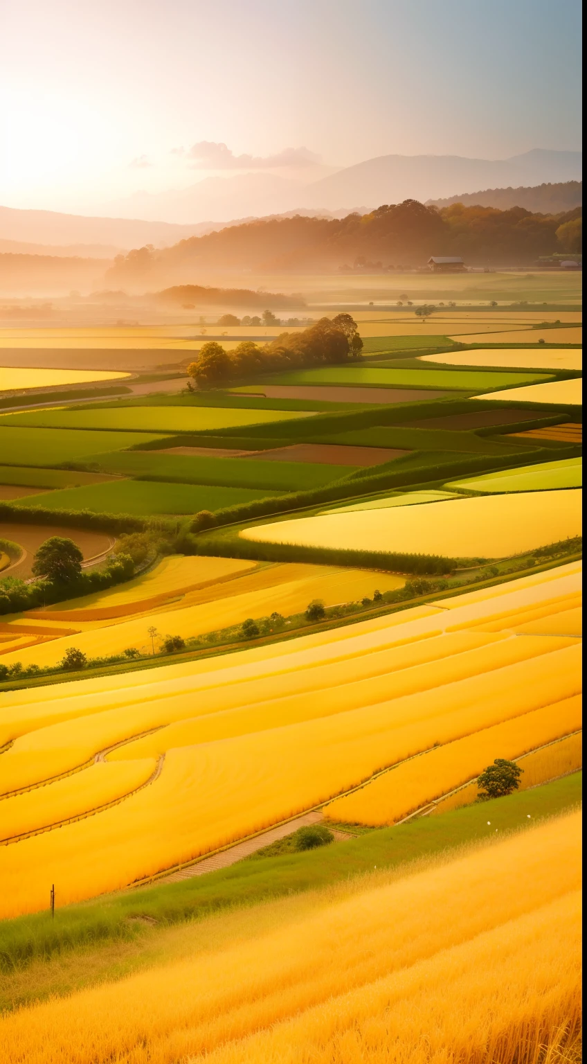 Clear autumn harvest of golden rice paddies