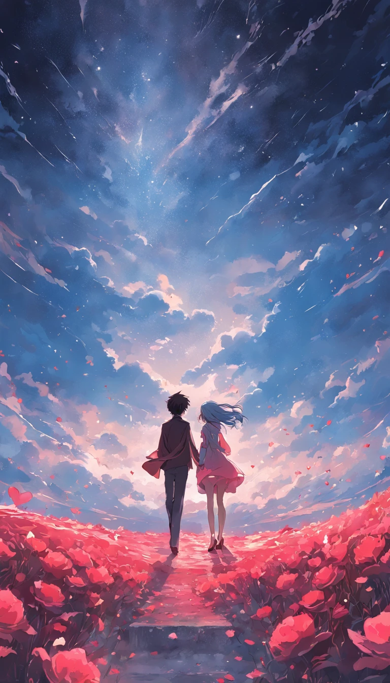 In a romantic atmosphere,couple cuddling,Walk in the Sea of Roses,Under the blue sky and white clouds,Feel the romantic theme of Valentine's Day。