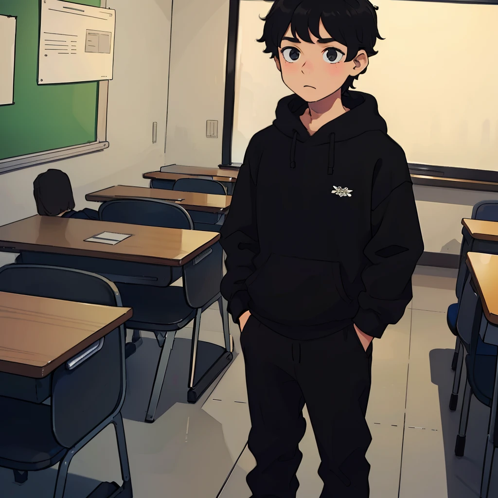 best qualityer，One was wearing a black sweatshirt，Boy with short black hair，face expressionless，standing on your feet，in class room