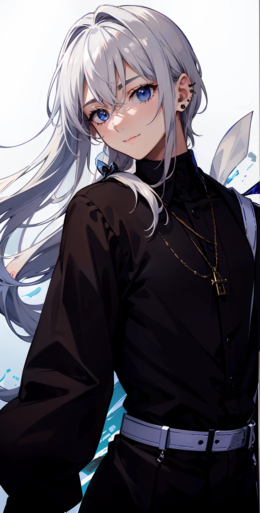 top-quality、masterpiece、hight resolution、bluish-gray hair、BREAK、A slight smil、frontage、1 boy、beautiful shadow、Dazzling light、well-muscled、black suits、Complicated piercing of ears、student clothes、16k、Studying at school、Mole under the left eye