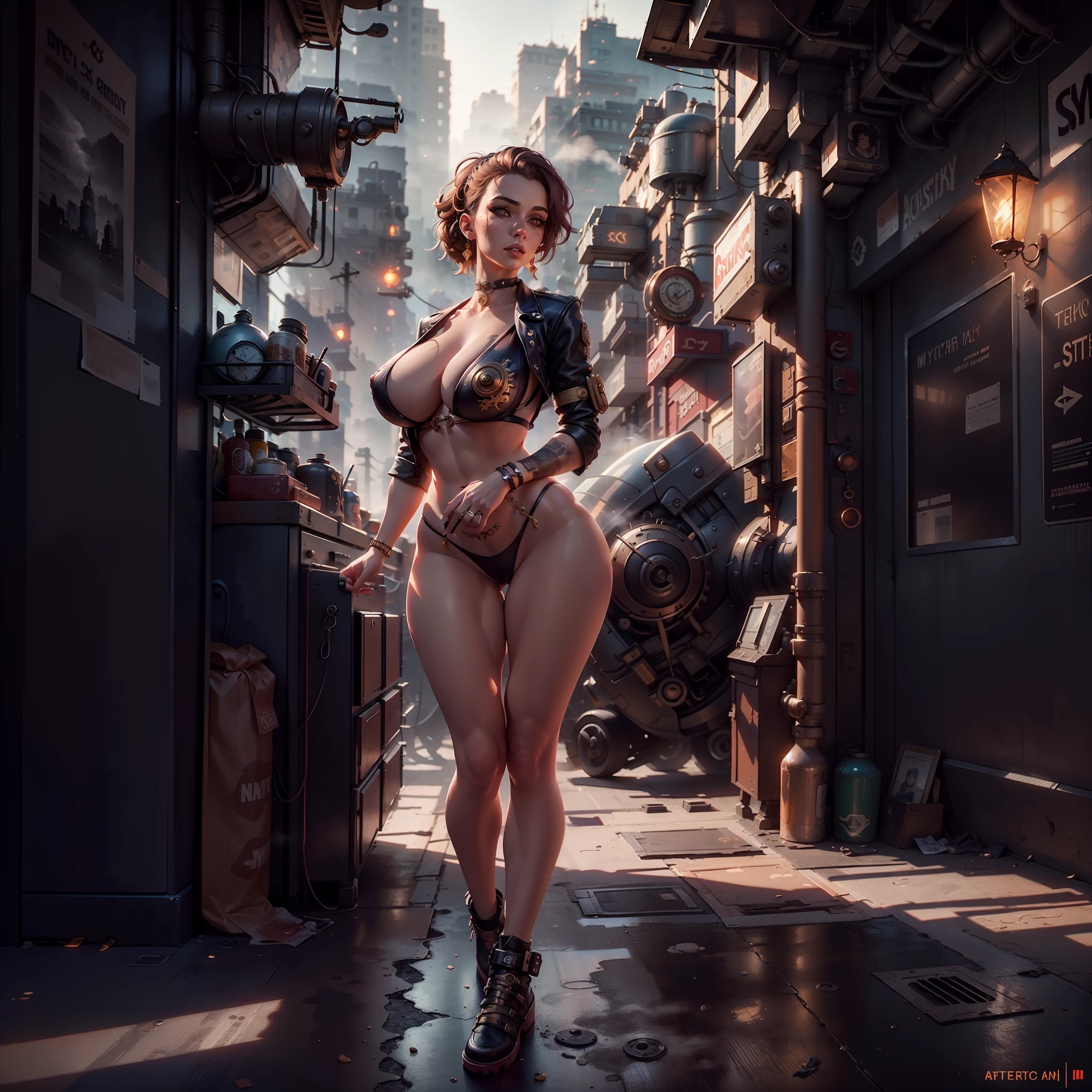There's a sexzy Russian busty 1woman with friends,street punk, standing with Steam punk Helicopter,dusky skin, with muscled body,less dress,Royal look, steampunk + cyperpunk urban city, sexzy full body view top to bottom, standing in backview turning camera, random camera angle ,dark smoke fog background,street punk digital, , Wojtek FUS, arte digital street punk, detailed wild street punk illustration, Portrait of a gold and copper mechanical woman, arte street punk, sci-fi street punk,sexy beautiful face, doe shape eyes, full lips. slim body, breathtaking beauty, vibrant, comprehensive cinematic, 8k, cinematic lighting, best quality, 4k