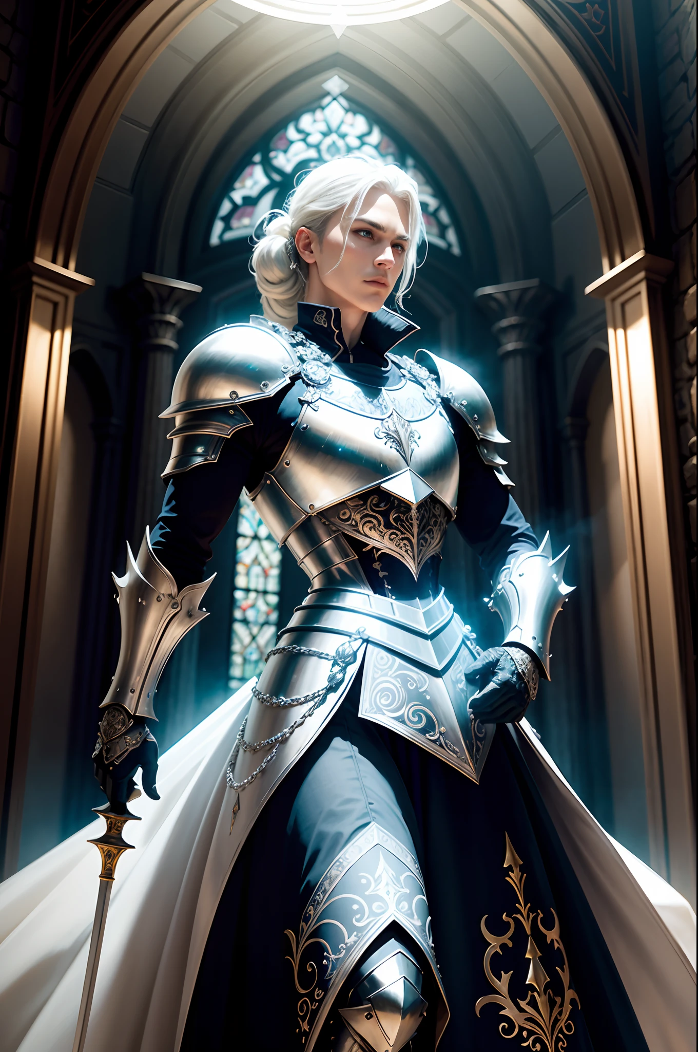photorealism, mystical atmosphere, etched glass, full body shot, beautiful knight, white blond hair, sharp looking, elaborate intricate detailed parade armor and sword, hold a ornament shield, intricately detailed, black lighting, neon glow, professional art work, cinematic still and angle, perfection, photo realistic, insanely detailed, acrobatic pose with speed line,