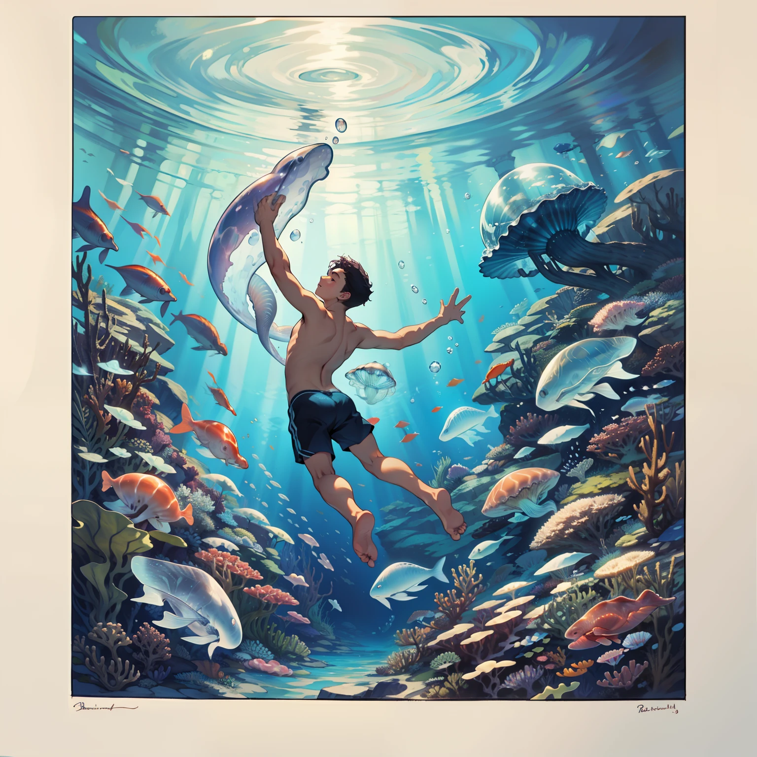 A boy swims at the bottom of the sea,jelly fish,dream magical