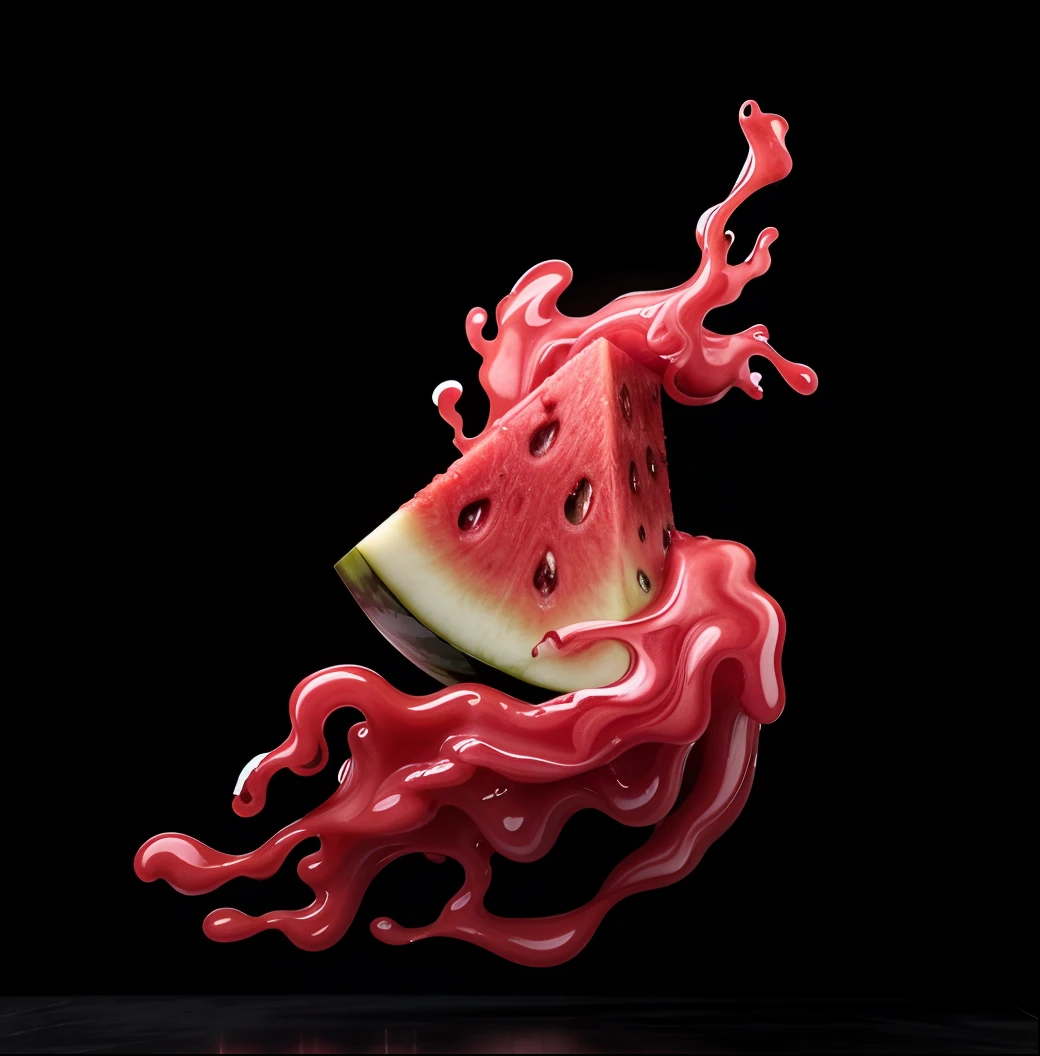 "Generate a visually captivating and artistic representation of a watermelon splash, with vibrant and abstract red liquid, showcasing the refreshing and energetic nature of the splash on a sleek black background."