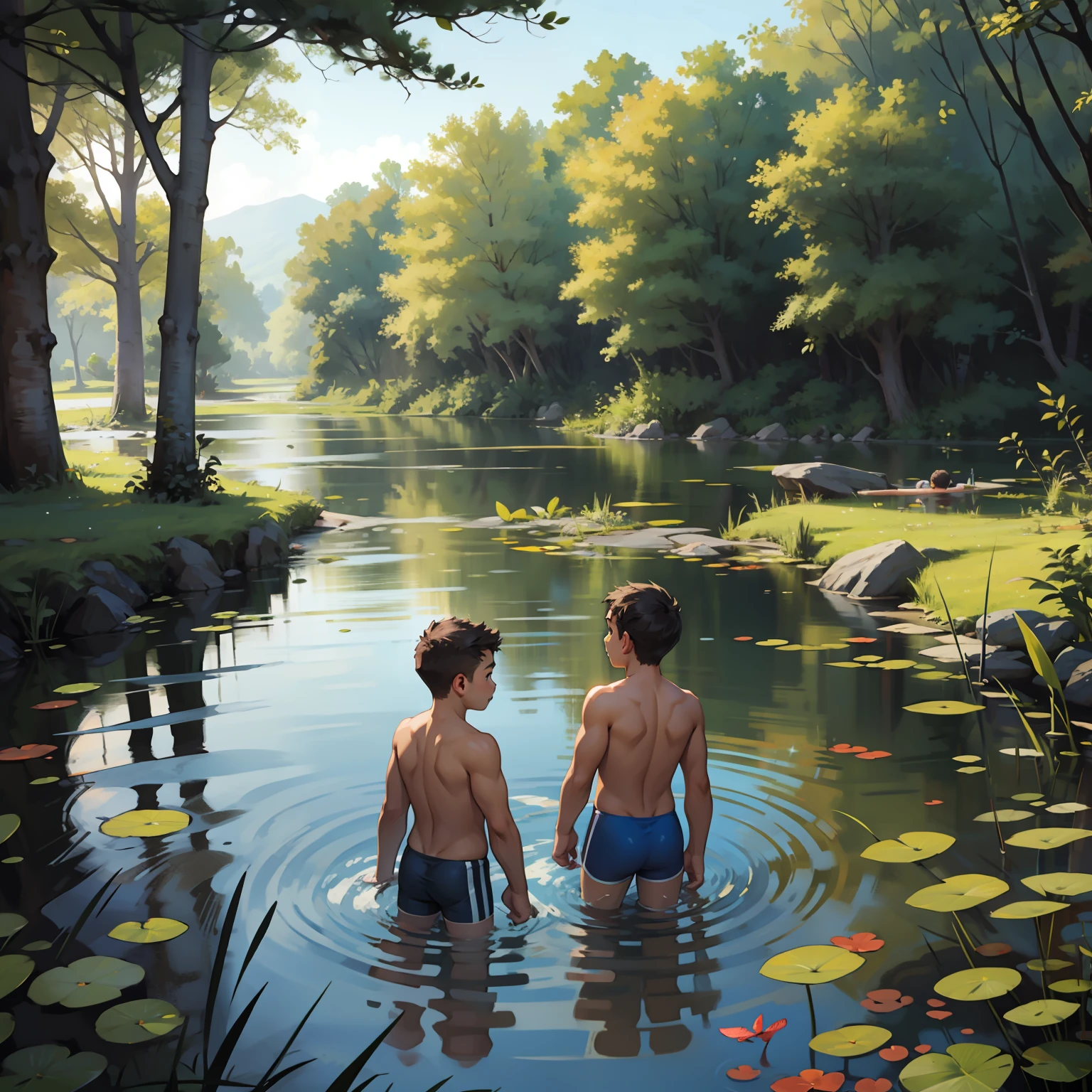 Two boys swimming in a pond