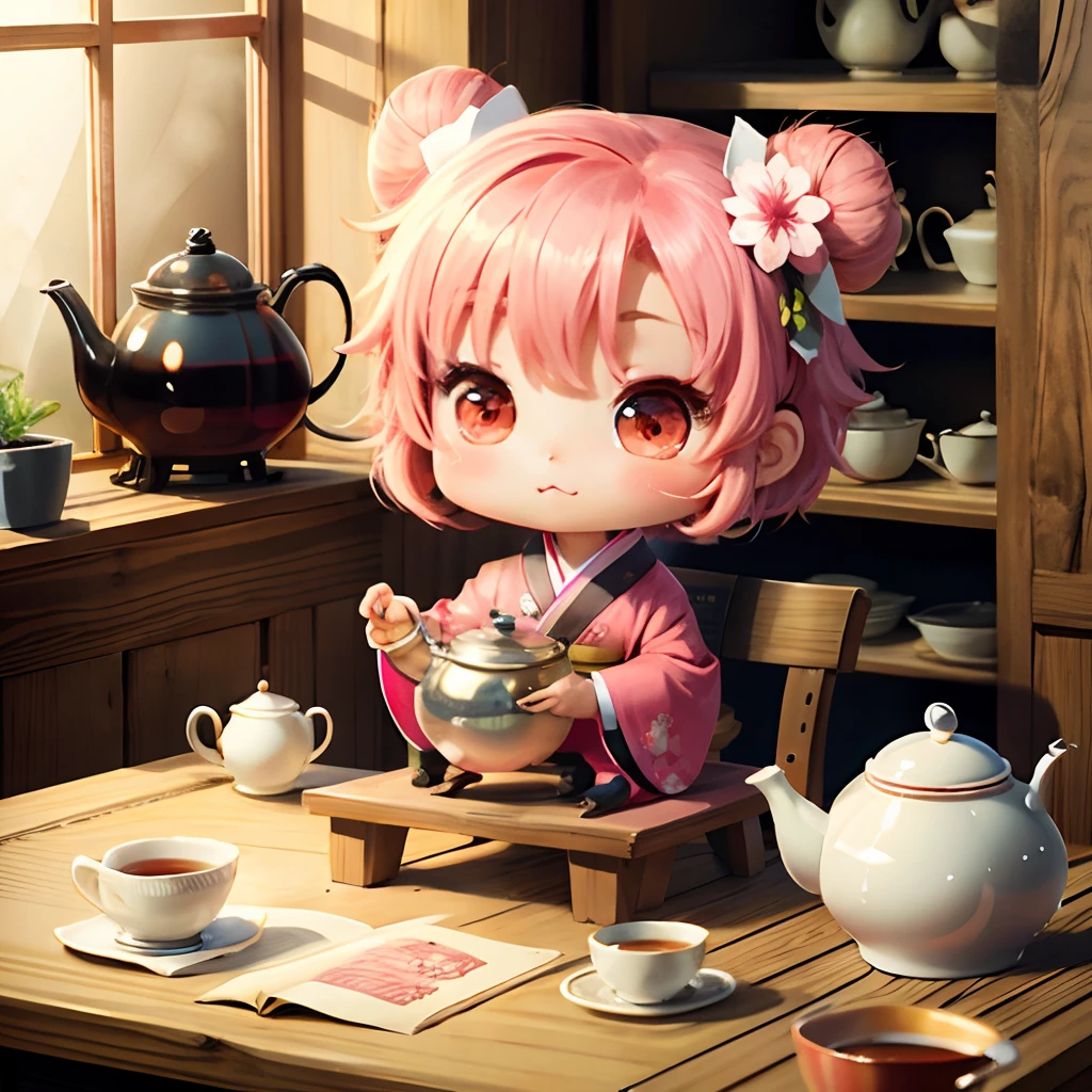 Cute chibi anime sitting in a teapot, wear hot pink kimono, drink tea, logo