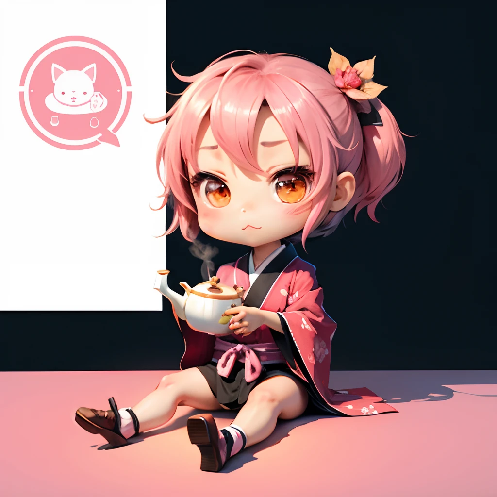 Cute chibi anime sitting in a teapot, wear hot pink kimono, drink tea, logo