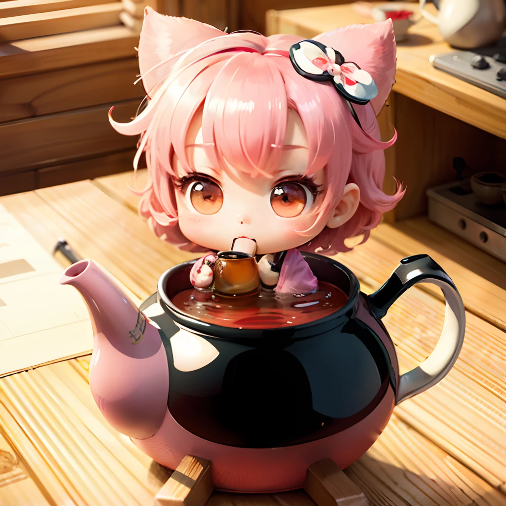 Cute chibi anime sitting in a teapot, wear hot pink kimono, drink tea, logo
