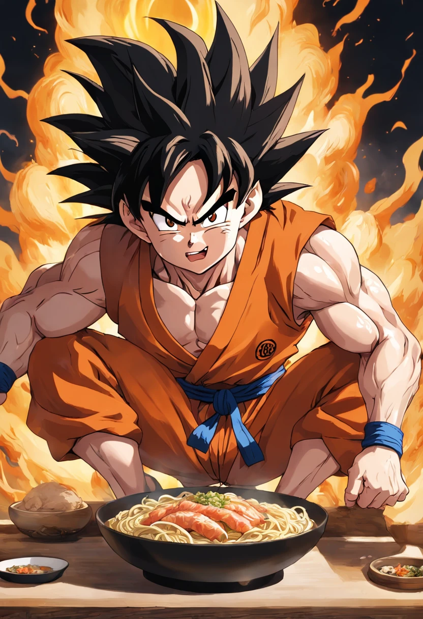 Dragon Ball Goku，Great ape, full body portrait，of a real，Facial features are carefully depicted，Realistic skin texture，Dark style，depth of fields，high light，Real light，Ray traching，oc rendered，Hyper-realistic，best qualtiy，8K，Works of masters，super-fine，Detailed pubic hair，Correct anatomy，sharp focus on eyes，facial features are carefully depicted. Goku Disfrutando de Fideos Chinos en un Restaurante" Description: En un restaurante acogedor con toques orientales, Goku, el famoso guerrero saiyajin, se encuentra en la cocina, rodeado de aromas deliciosos. Dressed in his iconic martial arts uniform, Goku is sitting on a high stool in front of a kitchen counter.. A cup of steaming Chinese noodles rests in front of him, mientras sostiene los palillos con destreza. With a smile of anticipation, Goku se dispone a saborear los fideos con entusiasmo. His fellow Z warriors meet at a nearby table, Observing with amusement his encounter with terrestrial cuisine. Behind him, los chefs del restaurante, ataviados con sus uniformes tradicionales, They watch with admiration the legendary fighter as he enjoys the meal. The atmosphere is full of warmth and camaraderie, despite the epic adventures that Goku and his friends regularly face. Soft lighting enhances the scene, making the colors of the ingredients and the decoration of the restaurant shine with a cozy luminosity. La imagen captura un momento inusual y relajado en la vida de Goku, showing his most human side while enjoying an earthy meal in the midst of his amazing exploits.