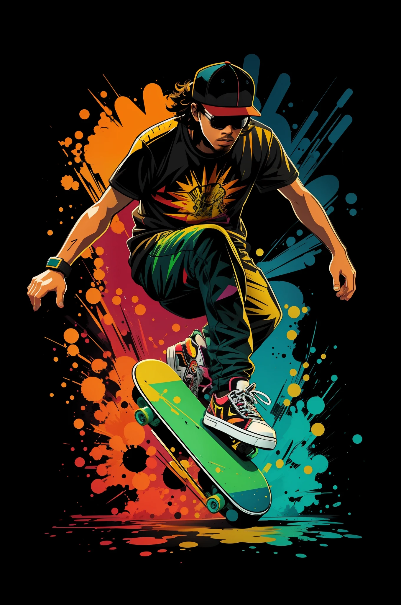 vector t-shirt art ready for print colorful graffiti illustration of a silhouette of a skater, full body, action shot, vibrant color, high detail