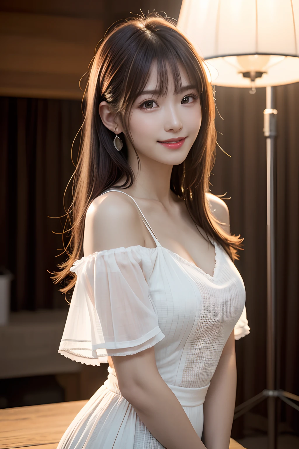 White transparent blouse,interview, (photoreali:1.4), (hyper realisitc:1.4), (hentail realism:1.3), (Smooth lighting:1.05), (Improve video lighting quality:0.9), 1womanl, a 20 yo woman, Realistic lighting, back Lighting, Facial light, Ray traching, (cheerfulness:1.2), (Improved image quality:1.4), (Finest Real Textured Skins), Fine Eye, a small face, Red cheeks, Skinny body, Mid-thoracic apical jaw,,, Korean Idol, 乃木坂アイドル, glowy skin, hposing Gravure Idol, p, Blunt bangs, Light brown hair, hair behind ear, hair over shoulders, Long hair,tear bag，Summer plateau、