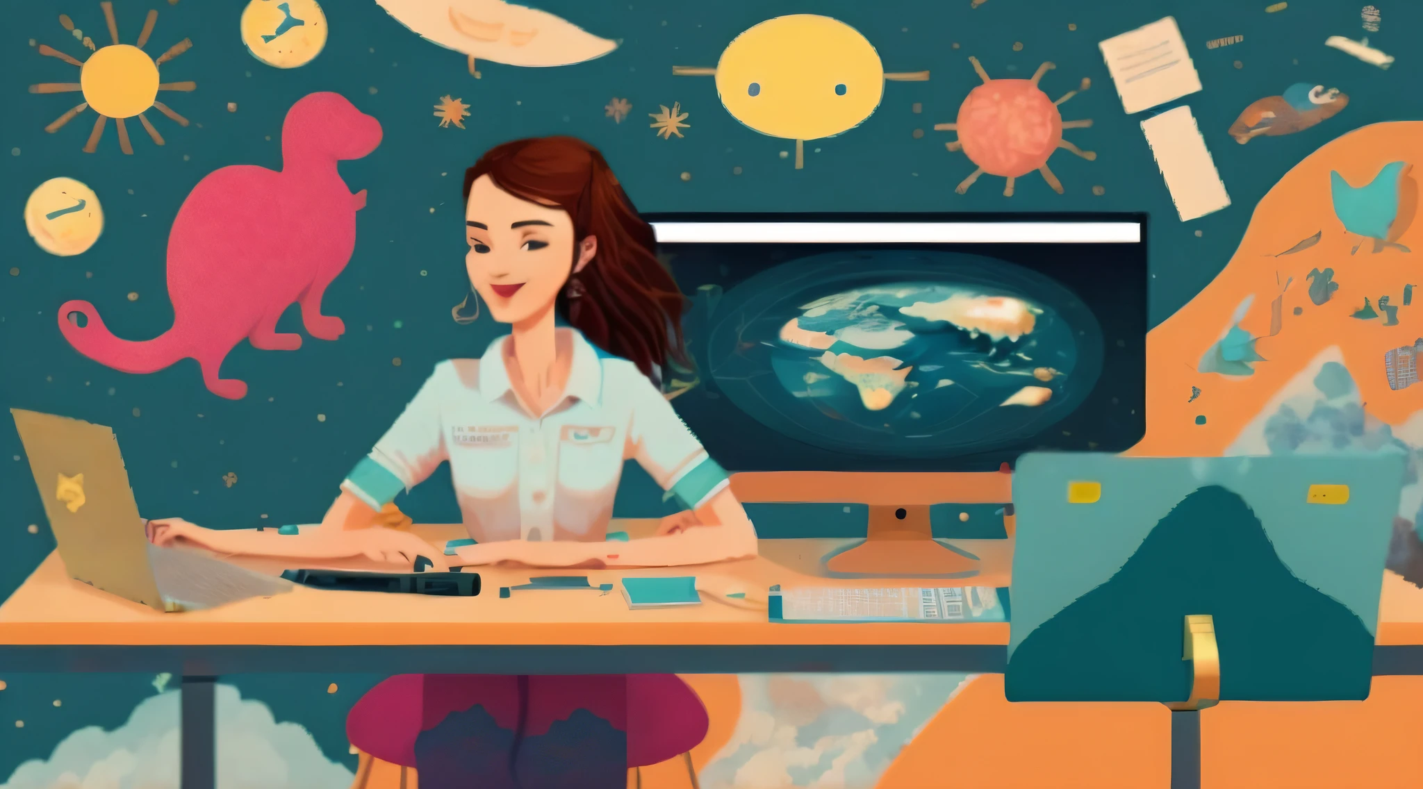 en segundo plano, Su mundo imaginario Feliz, como el espacio, amazona, compras, dulce, animales, y amor.、Female graphic designer sitting at desk in front of computer