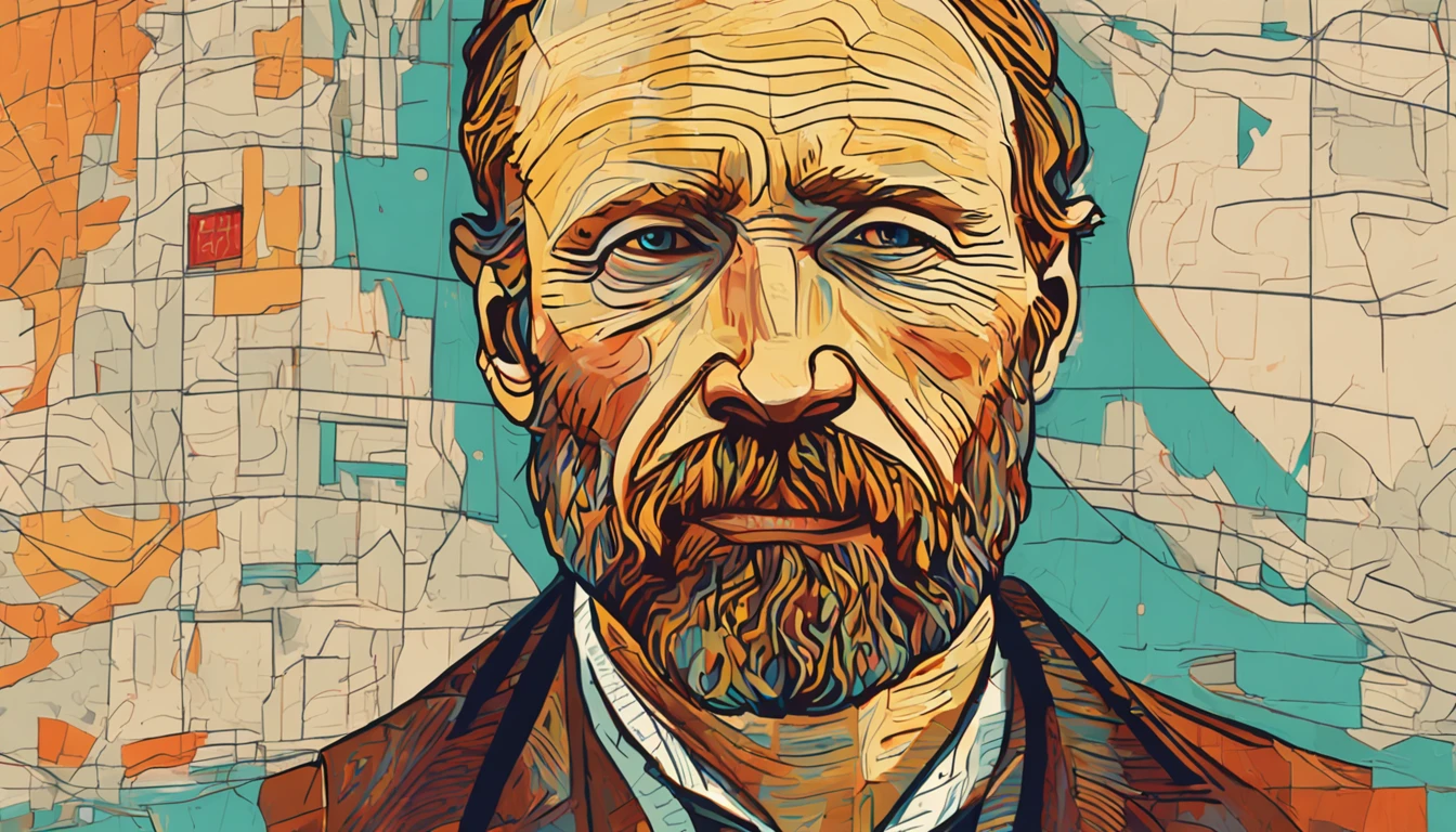 closeup of Vincent Van Gogh in San Francisco, looking at viewers, facing viewers, (eye contact with camera), looking at camera, colorful, perfect drawing, perfectly drawn face, high quality, cinematic quality, clear details, high definition, high resolution, masterpiece, no deformities, accurately drawn, in the style of Van Gogh