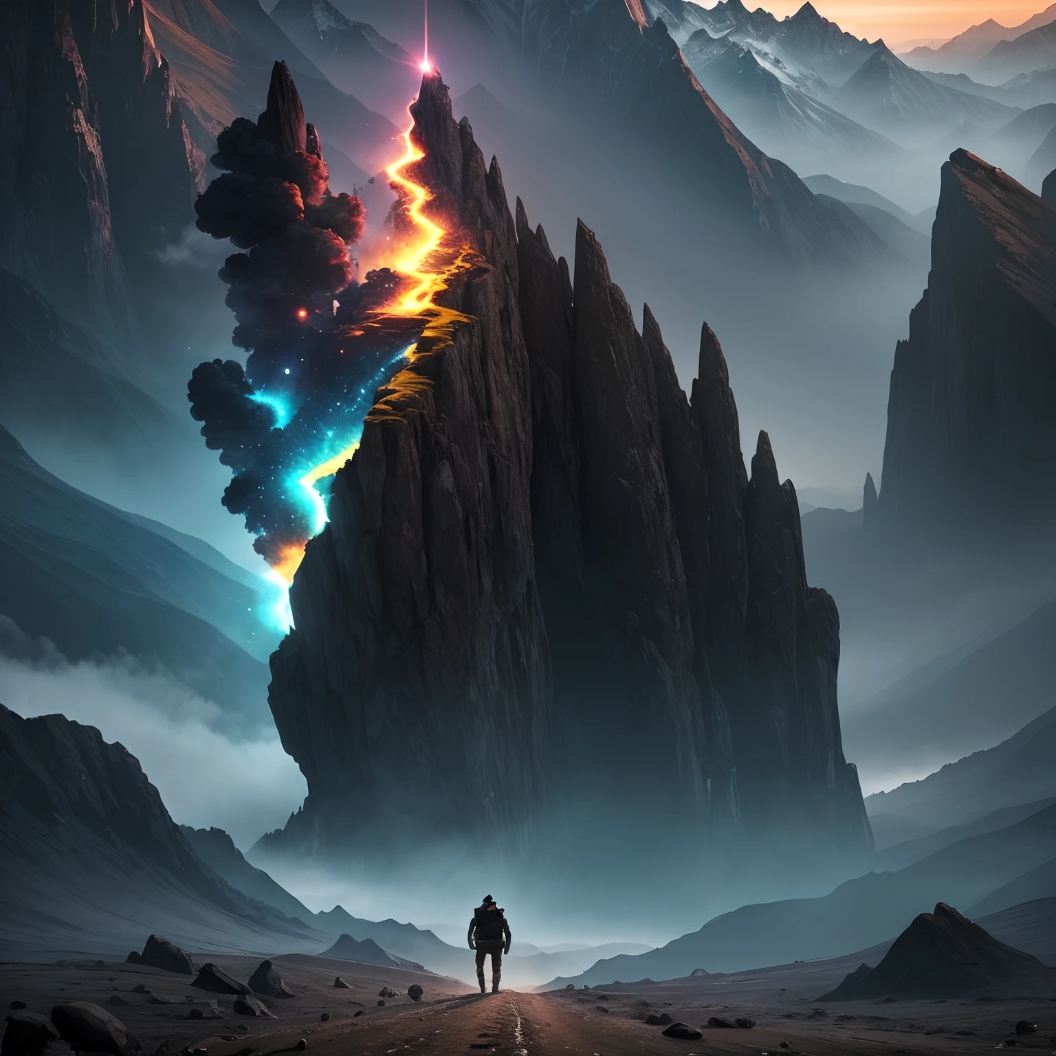 epic adventure, a man starting his travel toward a vast landscape made of high mountain, realistic, epic, cinematic --ar 2:3 --v 4 --uplight