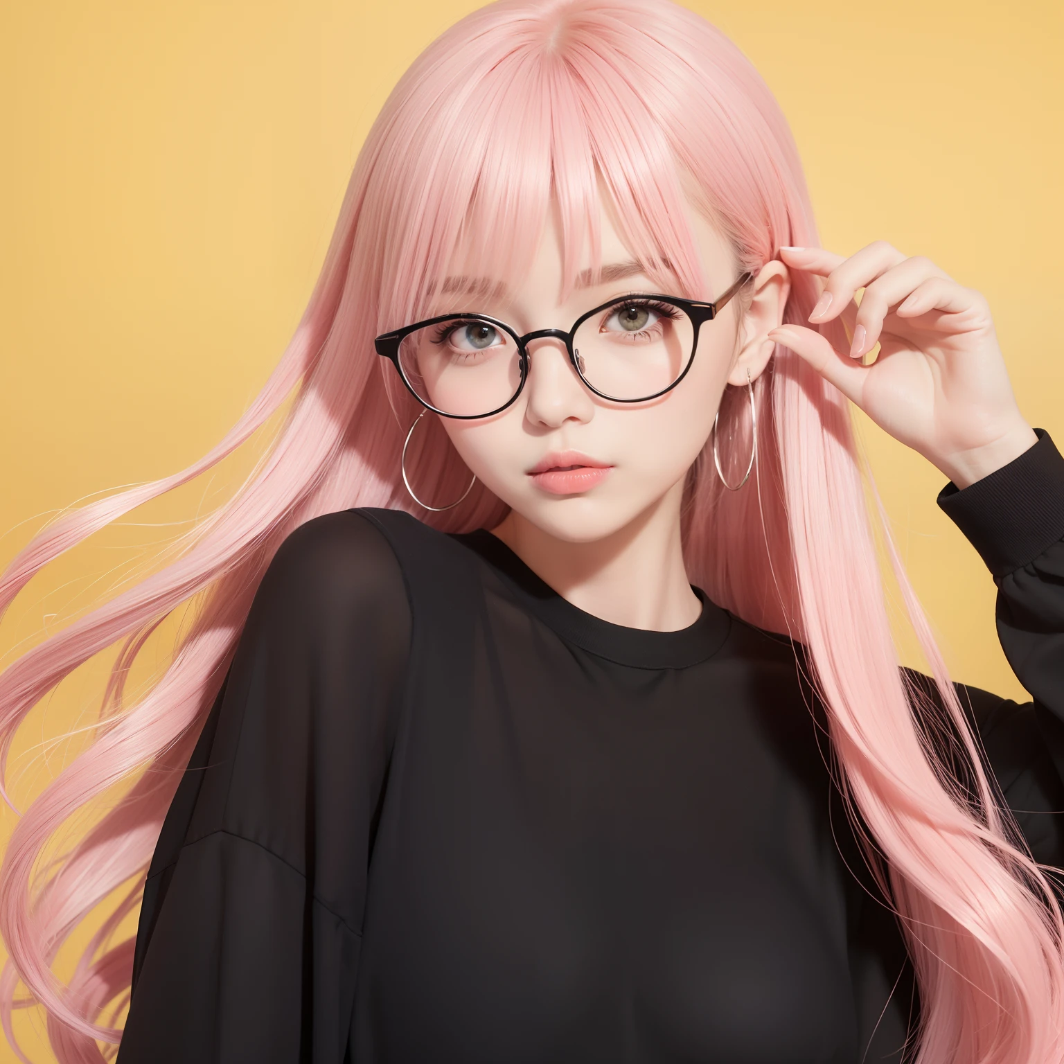 Yellow-pink transparent texture,Suitable for long hair,Wide black glasses,The face is relatively large,Silly,Looks silly and cute,It's a cute girl