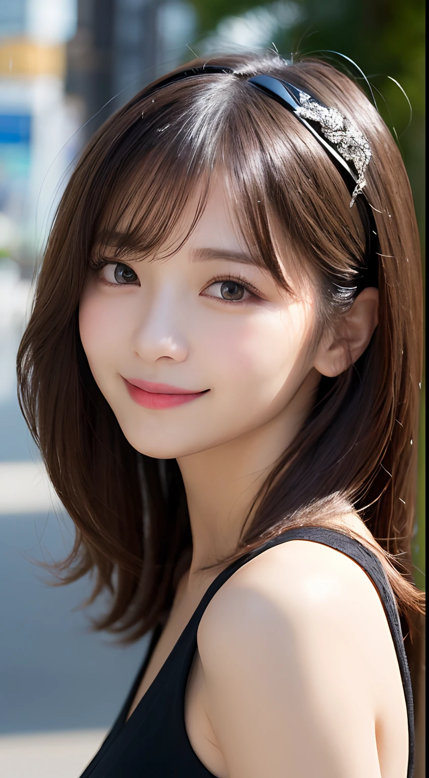 masutepiece, Best Quality, Illustration, Ultra-detailed, finely detail, hight resolution, 8K Wallpaper, Perfect dynamic composition, Beautiful detailed eyes, Women's Fashion Summer,Medium Hair,Small breasts natural color lip, Bold sexy poses,Smile,Harajuku、20 years girl、Cute、Sexy shot looking at camera