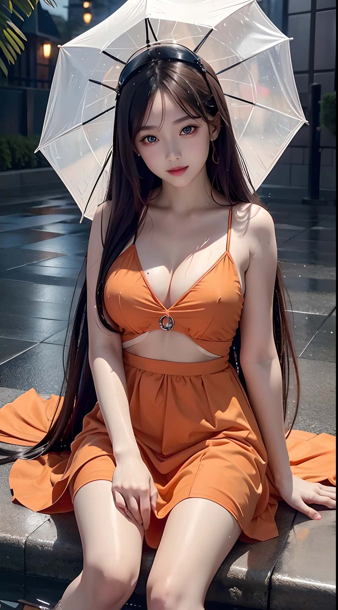 4k ultra hd, masterpiece, best quality, a girl, beautiful face, detailed eyes, very long hair, impressive and attractive hair, good looking, lovely lips, happy, opened mouth, rainy dress, orange dress, bare stomach, cristalized jwellery, shining jwellery, natural background, wet ground, hard raining, wet body, direct x 3.0 visual effect, reflection on water, very hard raining, blowing wind, sitting in the rain, whole body capture,
