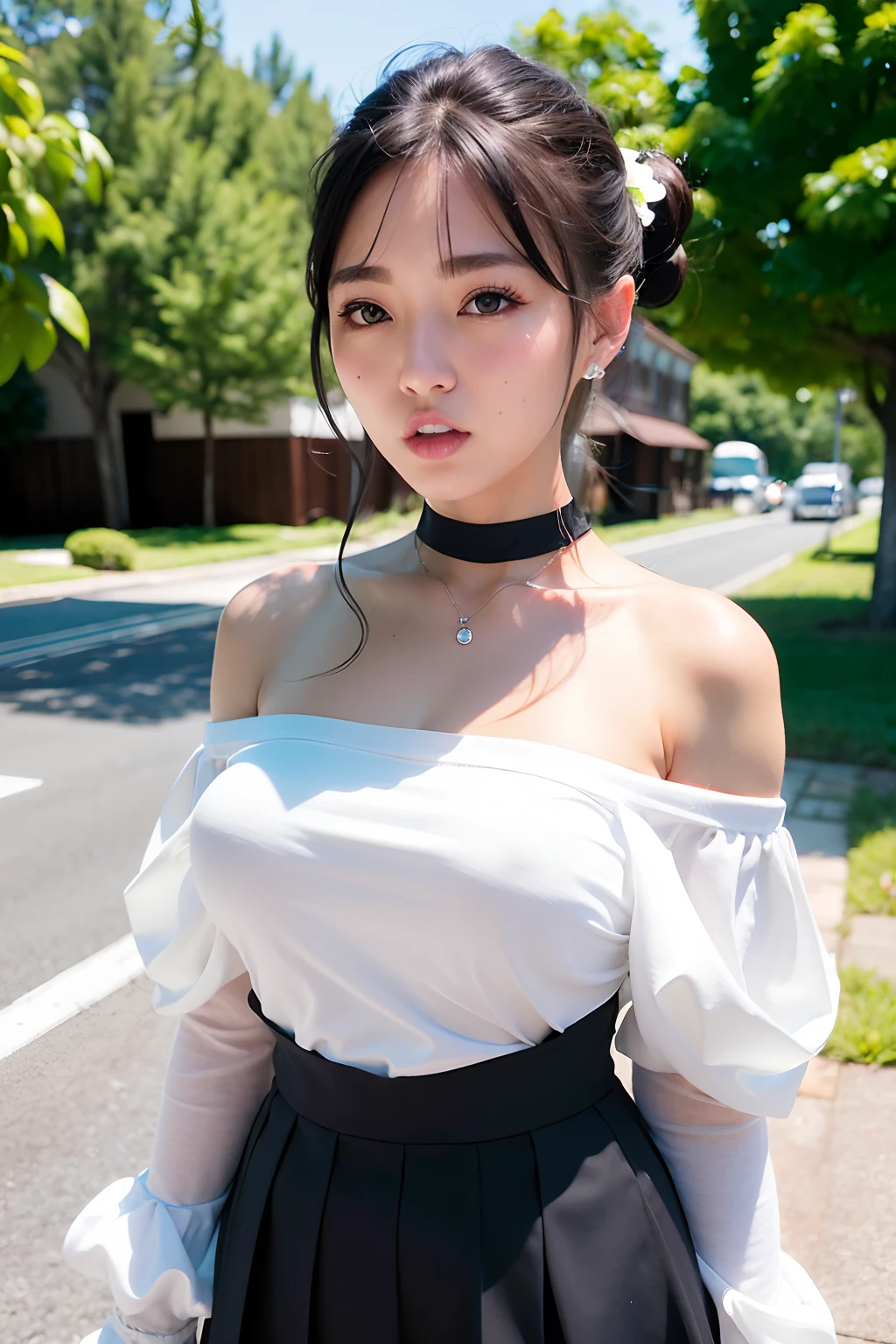 top-quality、超A high resolution、(Photorealsitic:1.4)、1人、((Off-shoulder white shirt))、Black tight skirt、Black Choker、(faded gray hair:1)、(huge-breasted:1.2)、looking at viewert、a closeup、a park