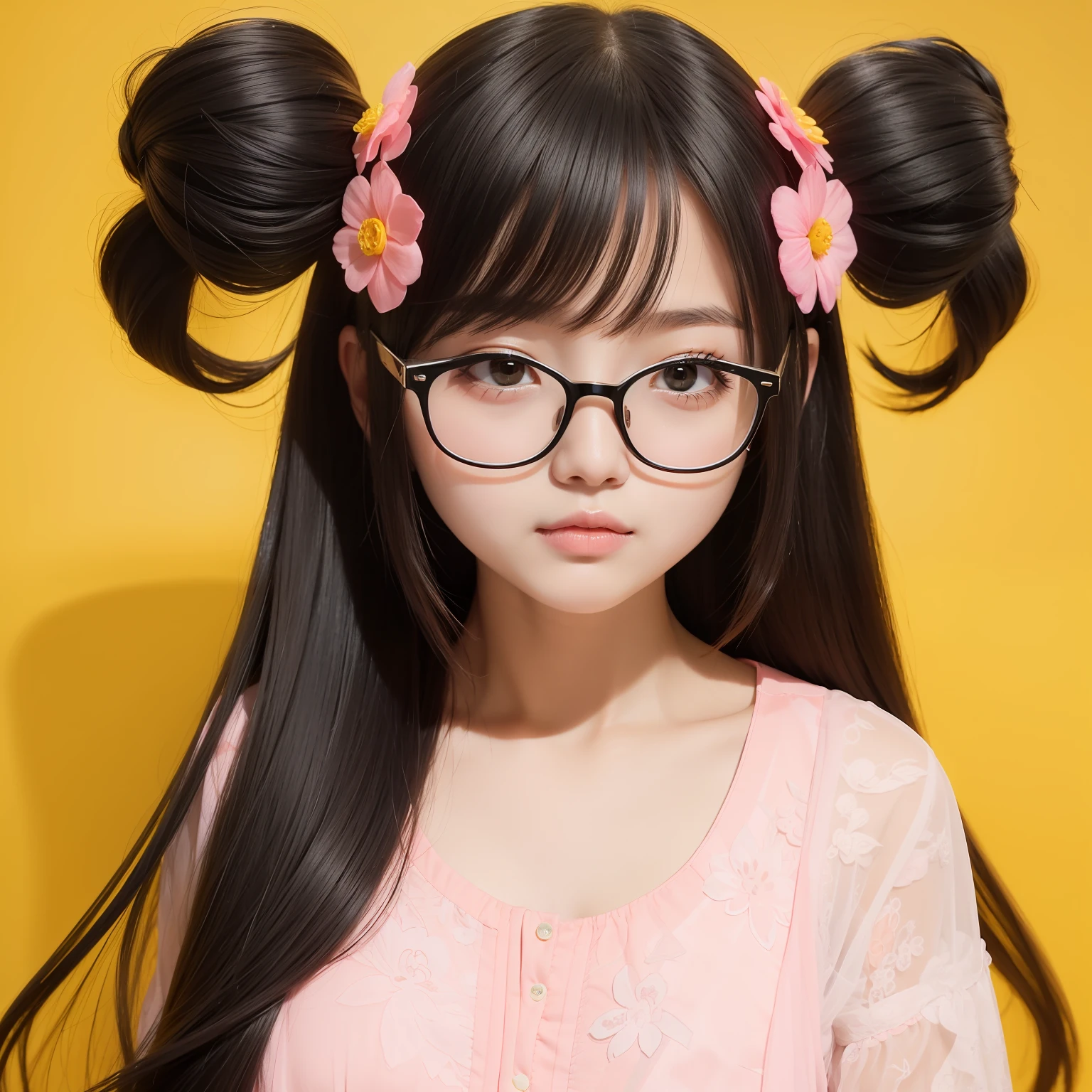 Yellow-pink transparent texture,Suitable for long hair,Wide black glasses,The face is relatively large,Silly,Looks silly and cute,It's a cute girl