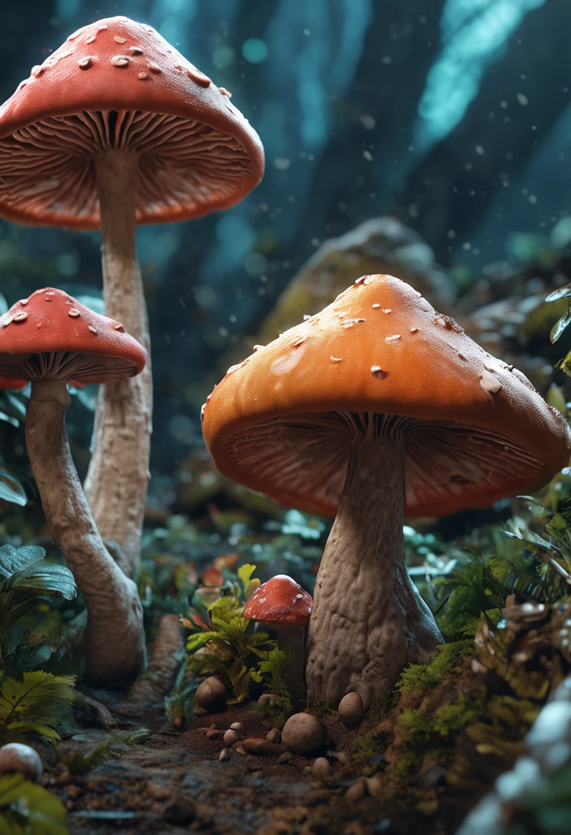 Lots of mushrooms,Cinematic realistic pictures of mushrooms, Ultra HD, Realistic, Vivid colors, Highly detailed, UHD Drawings, pen and ink, Perfect composition, beautiful detailed intricate insanely detailed octane render trending on artstation, 8K, photorrealistic concept art, soft natural volumetric cinematic perfect light