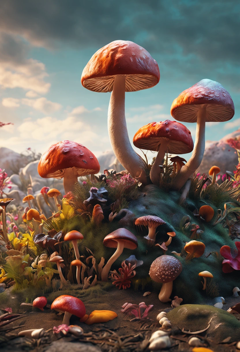 Lots of mushrooms,Cinematic realistic pictures of mushrooms, Ultra HD, Realistic, Vivid colors, Highly detailed, UHD Drawings, pen and ink, Perfect composition, beautiful detailed intricate insanely detailed octane render trending on artstation, 8K, photorrealistic concept art, soft natural volumetric cinematic perfect light