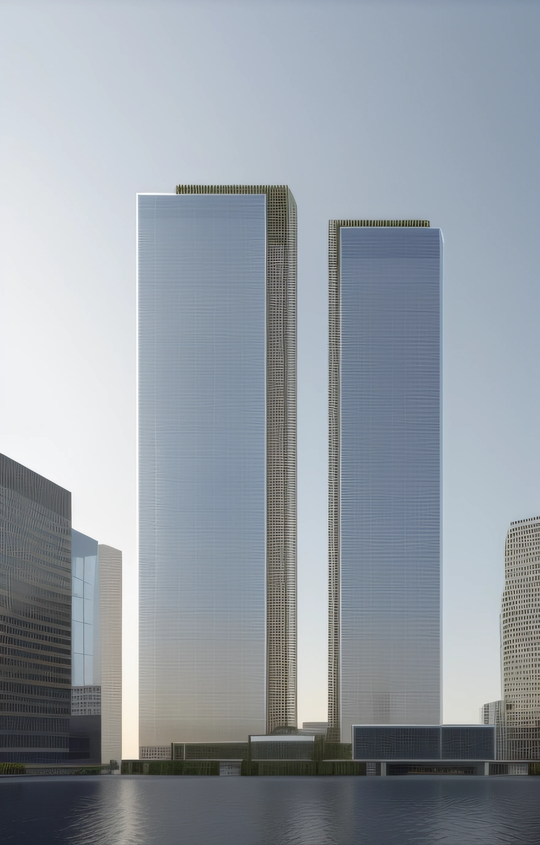 Realistic renderings of two skyscrapers,There is a square in front,, cg society contest winner, sharp hq rendering, two giant towers, highly detailed render, hq render, high quality rendering, Tall glass curtain wall skyscraper, artistation render, high quality rendering, Detailed rendering, architecture render,The front side has a white vertical line