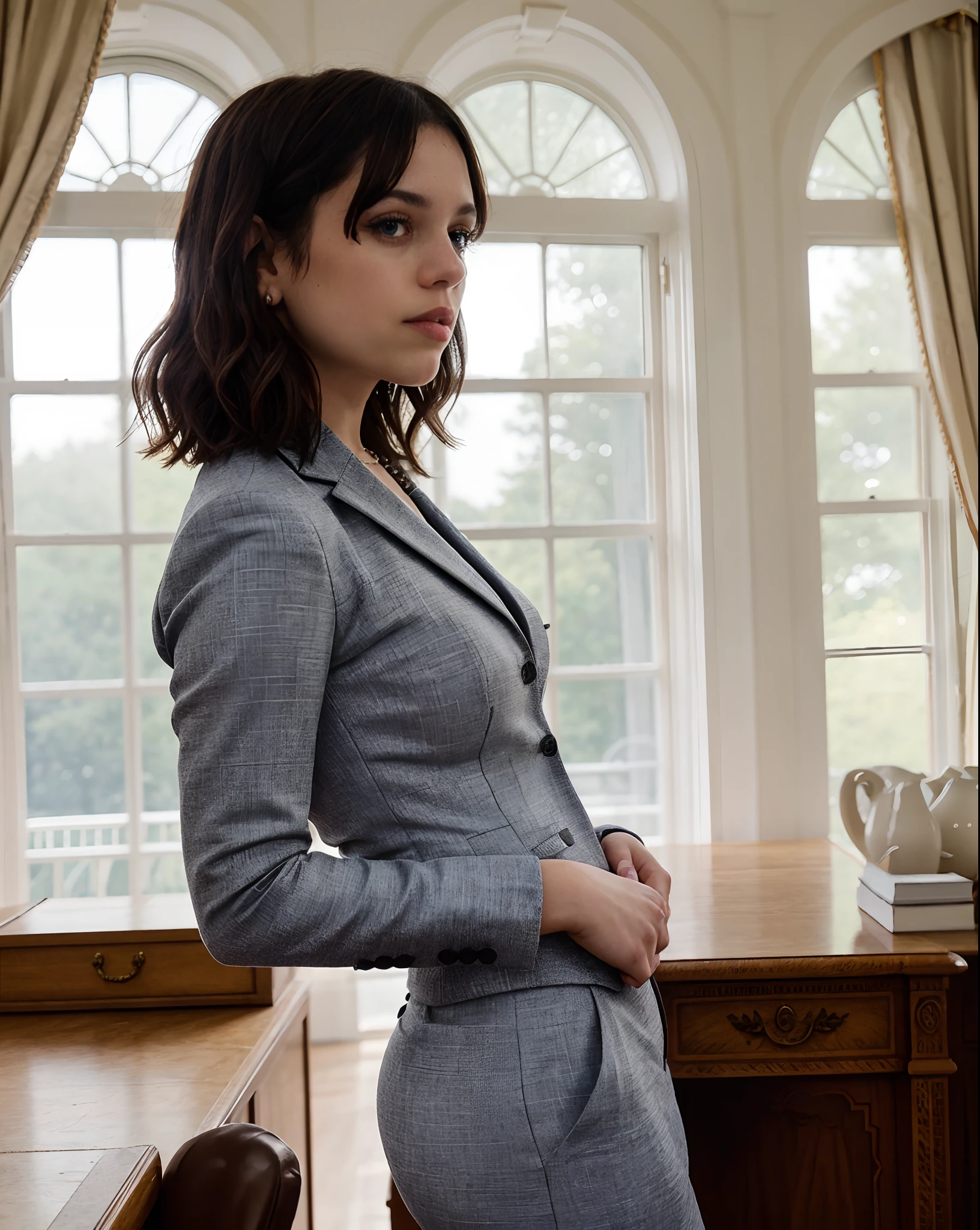 Photo of jortega in a womans business suit as the President of the United States looking out of the window in the Oval Office, solo, blue eyes, reverse bob haircut, hyper detailed, looking at viewer, hourglass body, muscular, voluptuous, warm atmosphere, photograph, photoshoot, Captured by Panavision Panaflex Platinum Camera with Panavision Primo Primes Spherical Lens 50mm T1.9