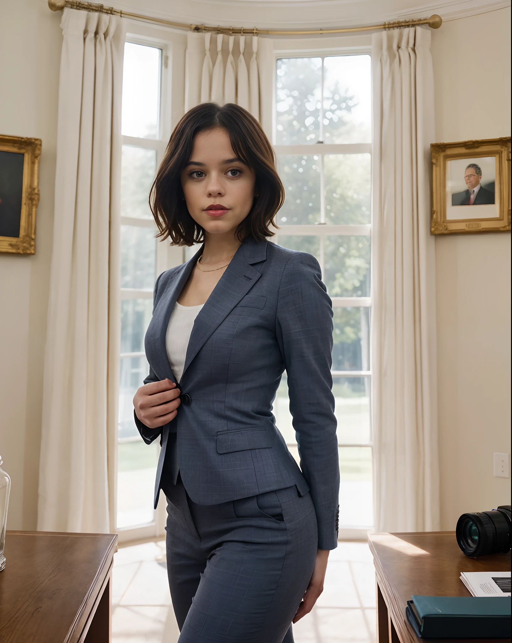 Photo of jortega in a womans business suit as the President of the United States looking out of the window in the Oval Office, solo, blue eyes, reverse bob haircut, hyper detailed, looking at viewer, hourglass body, muscular, voluptuous, warm atmosphere, photograph, photoshoot, Captured by Panavision Panaflex Platinum Camera with Panavision Primo Primes Spherical Lens 50mm T1.9