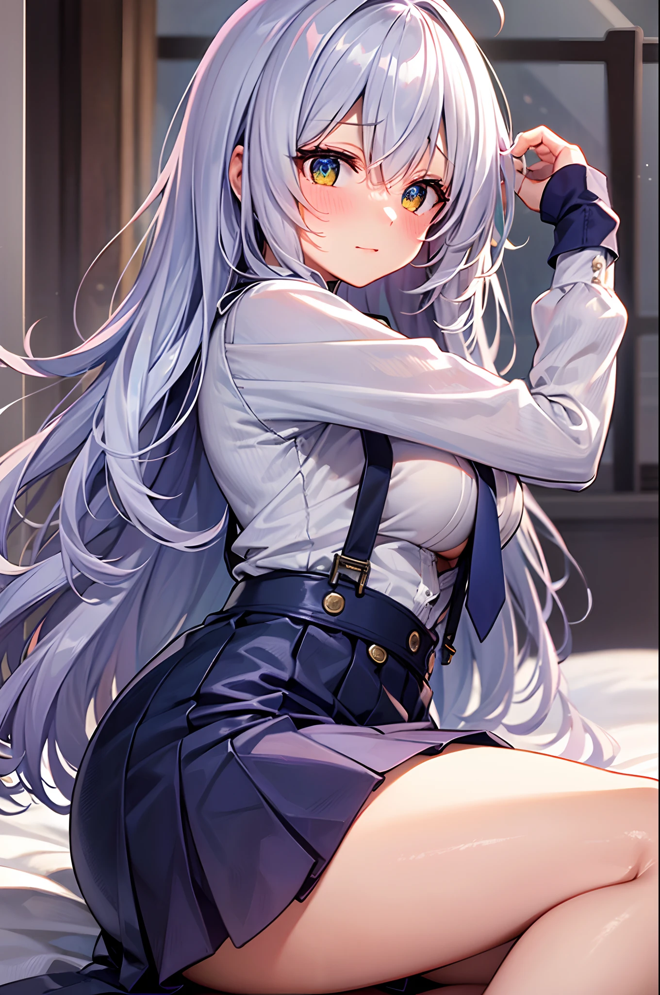 Best Quality, ultra-detailliert, Illustration, silber hair, Aimei,,embarrassed from，red blush，scratching your head，The long-haired，cute  face，beutiful breast，turned around，Suspender Skirt，long-sleeve，Dark blue skirt，neck tie，Close，Angle to show off breasts，look up to，finely detail，a bed、Sit up